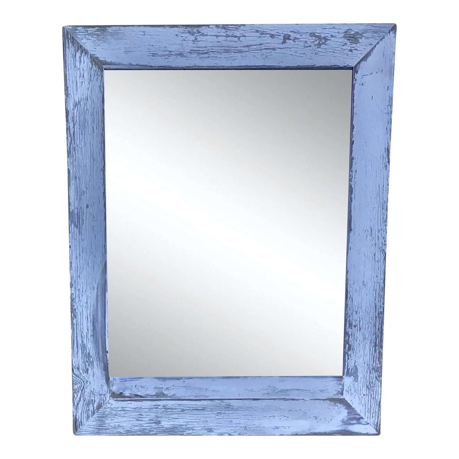 Vintage White Painted Cedar Mirror: Large antique cedar wood mirror 49.5" H x 39.5" W. Can be used in many decor including Swedish, county or rustic setting. Made of antique cedar planks with original wonderfully distressed painted