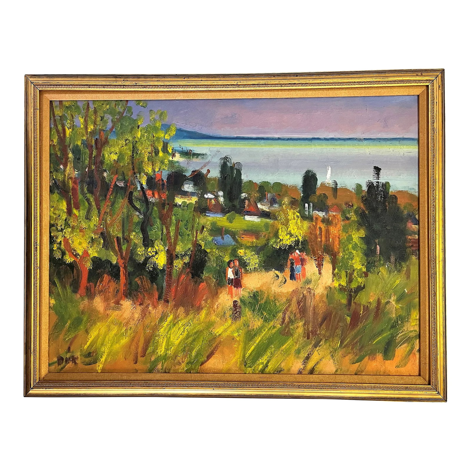 Signed Original Oil on Hardboard by Hungarian Artist, Ferenc Door (1918-2015) Titled 'Early Fall': Charming and colorful impressionist style painting. This is a signed original oil painting on board by Hungarian artist Ferenc Door (1918-2015). The piece depicts figures strolling in the countryside