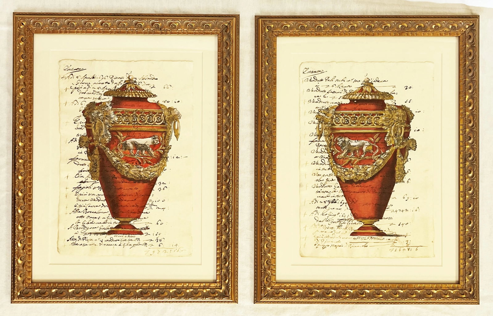Reproductions of 18th Century Italian Documents With Hand Colored Urn and Lion Etchings- a Pair - 12