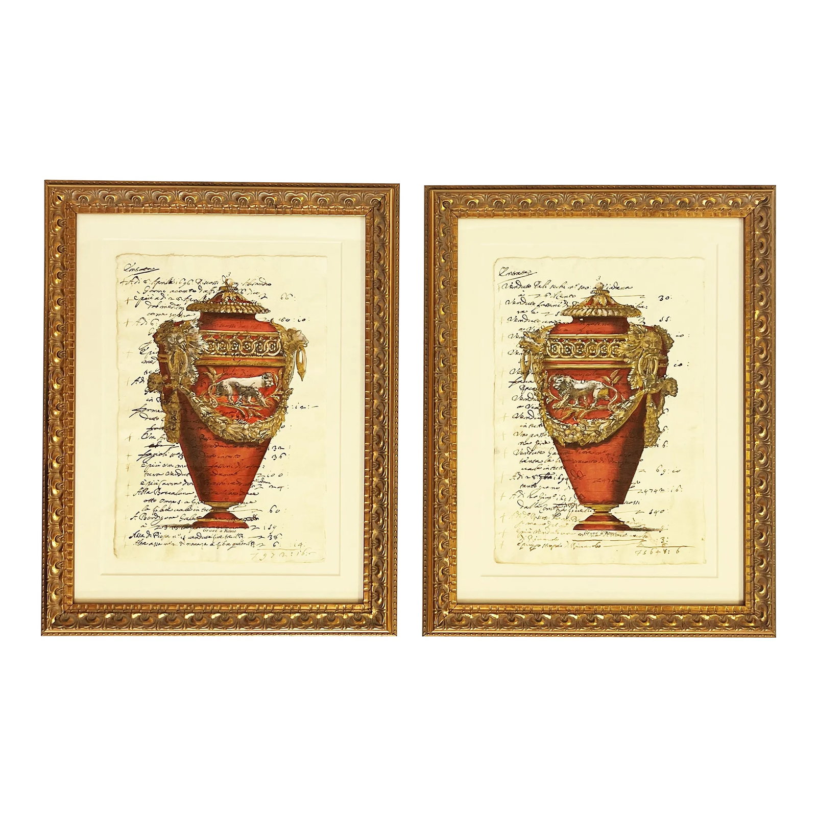 Reproductions of 18th Century Italian Documents With Hand Colored Urn and Lion Etchings- a Pair: Sophisticated pair of reproduction hand colored etchings. Each depicts a Neoclassical design with a lion or lioness on red urns with details trimmed in gold. They are overlayed on 18th Century