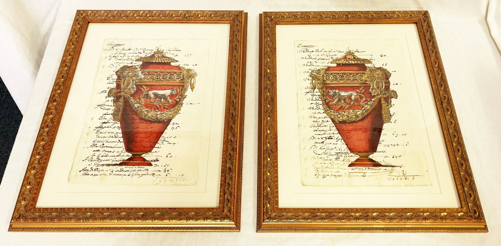 Reproductions of 18th Century Italian Documents With Hand Colored Urn and Lion Etchings- a Pair - 2