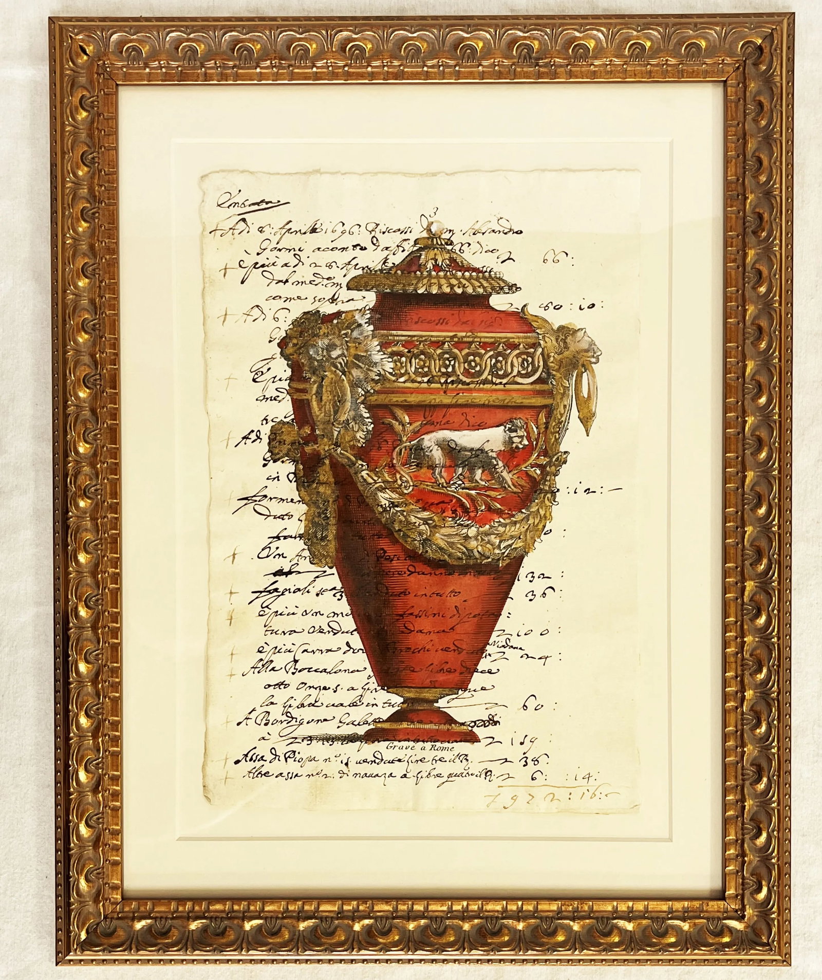 Reproductions of 18th Century Italian Documents With Hand Colored Urn and Lion Etchings- a Pair - 3