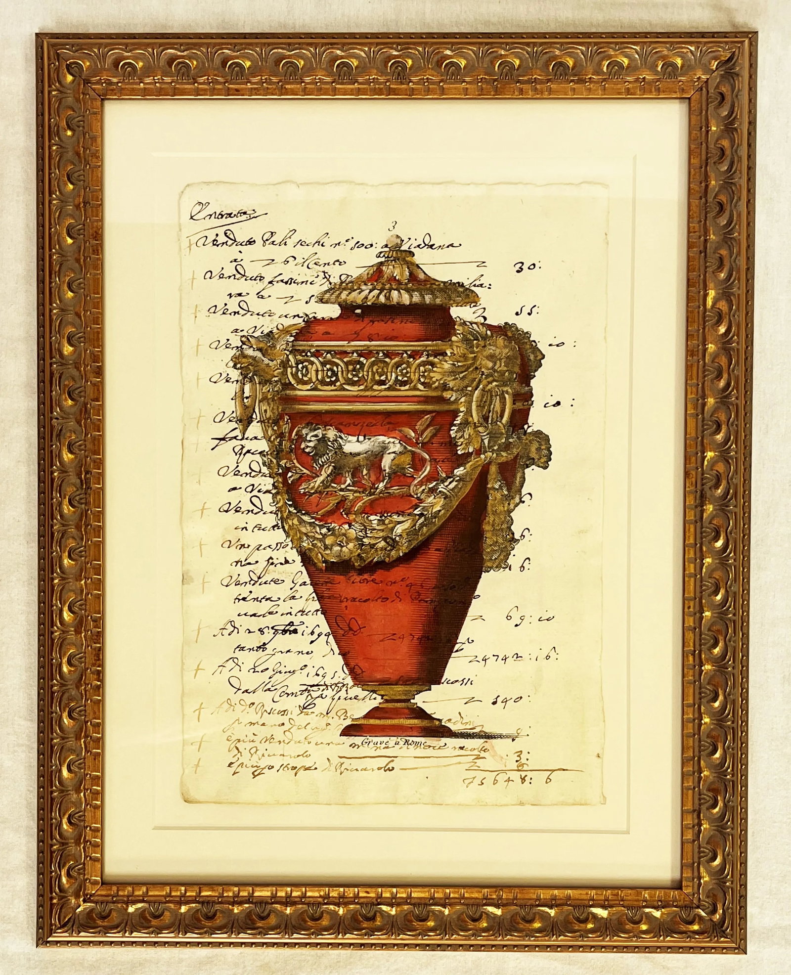 Reproductions of 18th Century Italian Documents With Hand Colored Urn and Lion Etchings- a Pair - 4