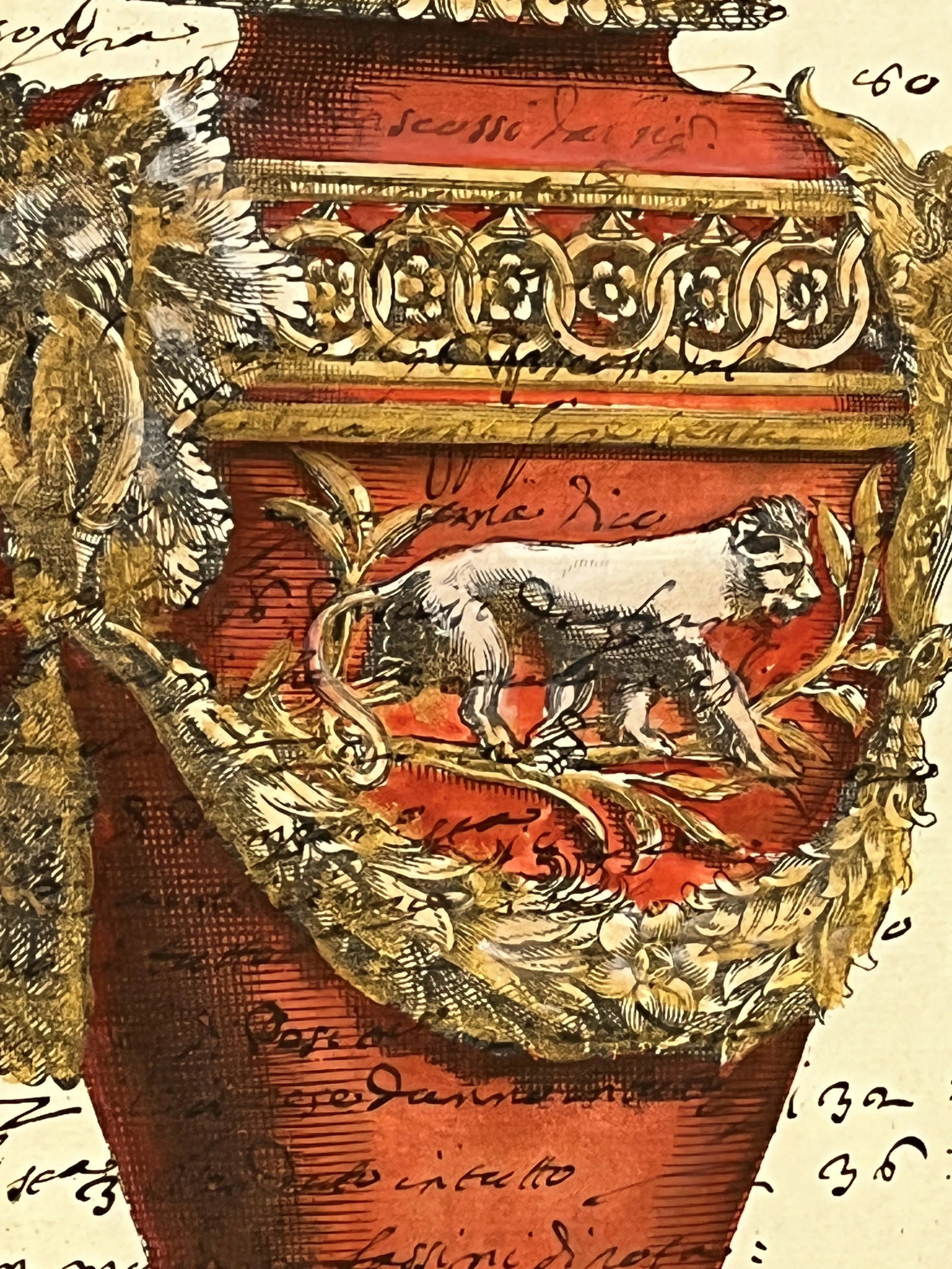 Reproductions of 18th Century Italian Documents With Hand Colored Urn and Lion Etchings- a Pair - 5
