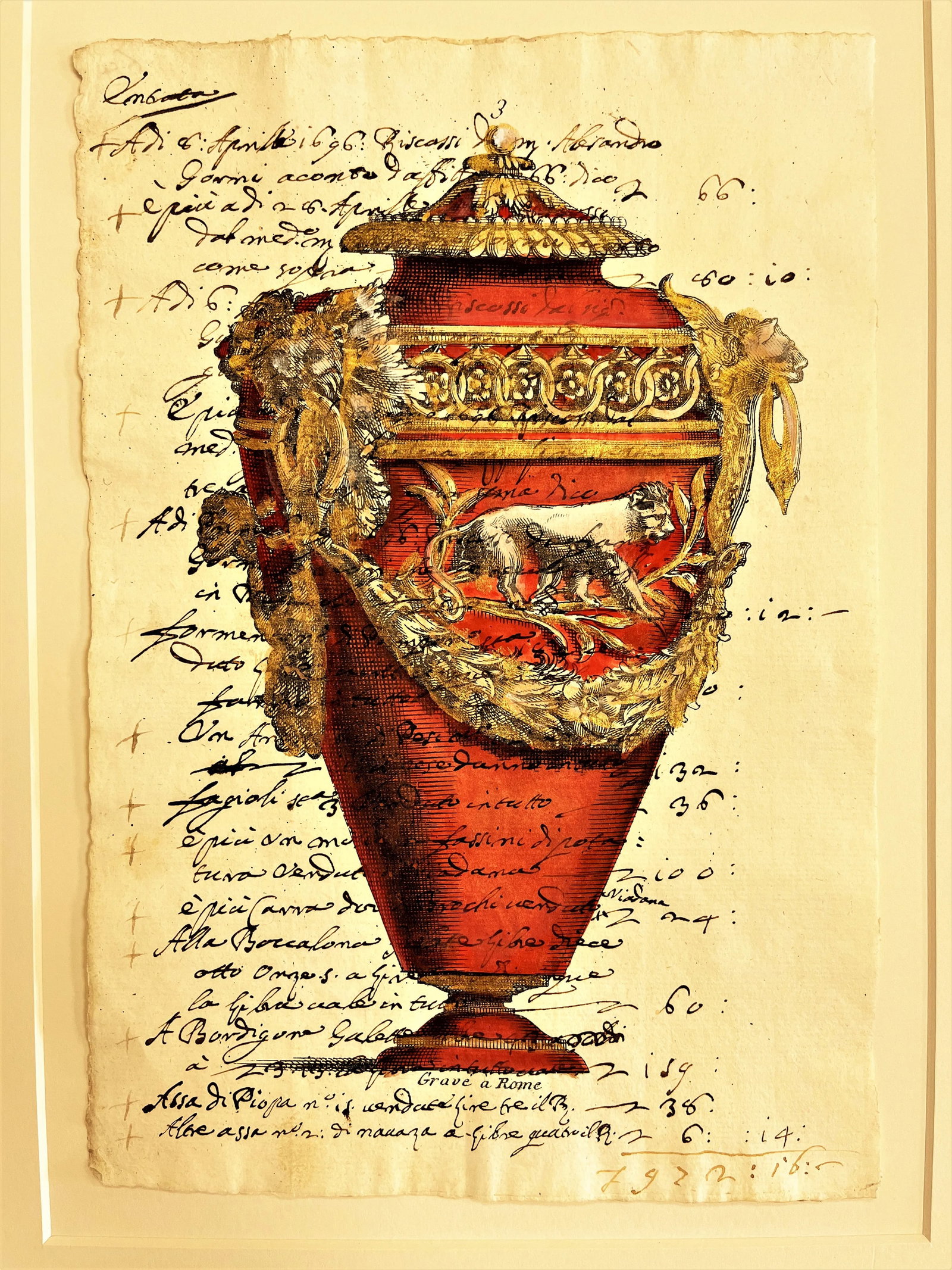 Reproductions of 18th Century Italian Documents With Hand Colored Urn and Lion Etchings- a Pair - 7
