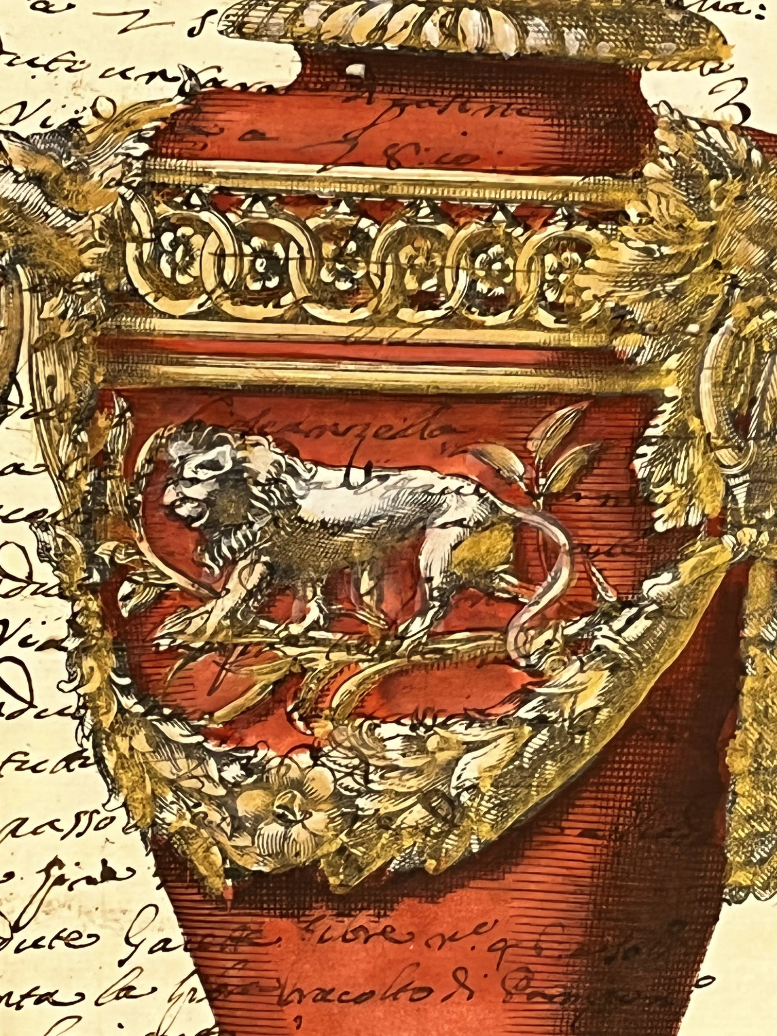 Reproductions of 18th Century Italian Documents With Hand Colored Urn and Lion Etchings- a Pair - 9