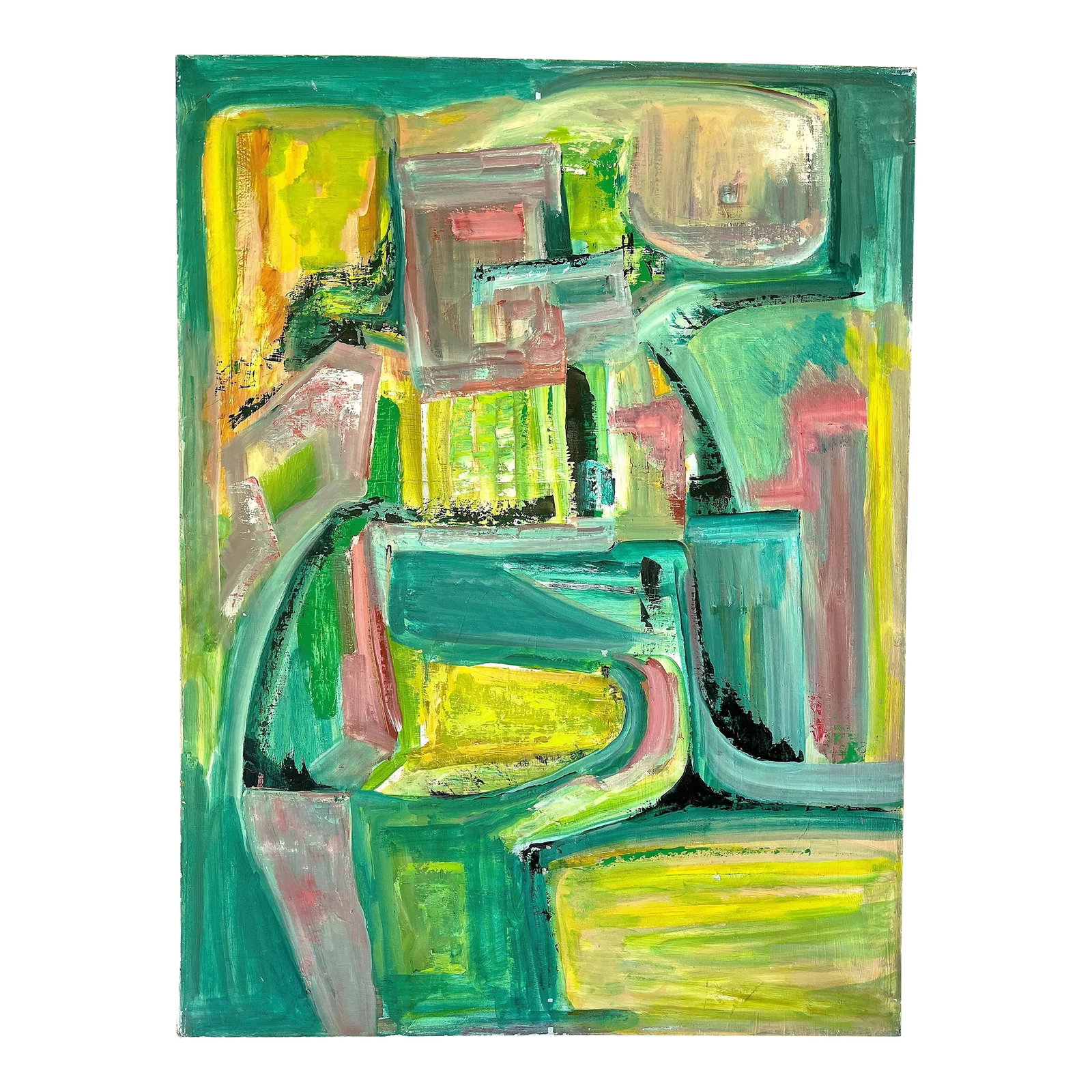 Original Cubist Painting on Canvas by L. Morrison "Geometric Dance": Bright and colorful cubist style painting!. This is an original acrylic painting on canvas by L. Morrison. The piece depicts a 'Geometric Dance,' and is beautifully painted in shades of yellow,