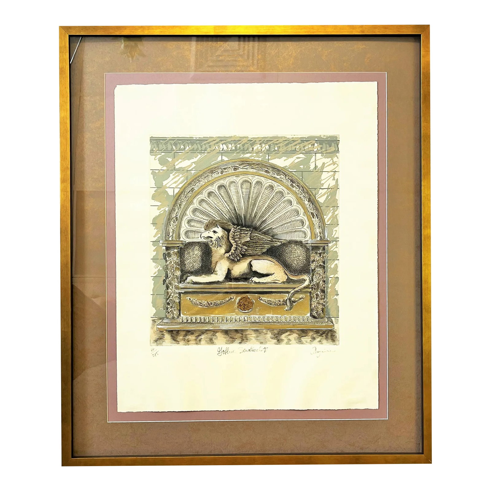 Mid Century Hand Colored, Signed and Numbered Architectural Lithograph on Watercolor Paper 'Gothic S: Great mid century architectural style lithograph! The piece depicts a Gothic style sentinel winged lion sitting in an archway in gray, mauve and bronze colors. The lithograph is printed on watercolor