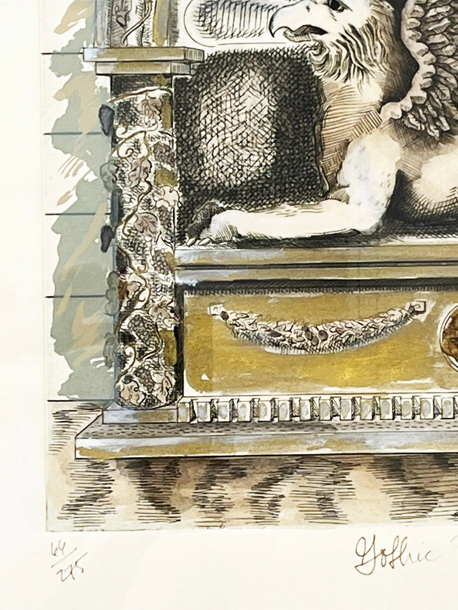 Mid Century Hand Colored, Signed and Numbered Architectural Lithograph on Watercolor Paper 'Gothic S - 4