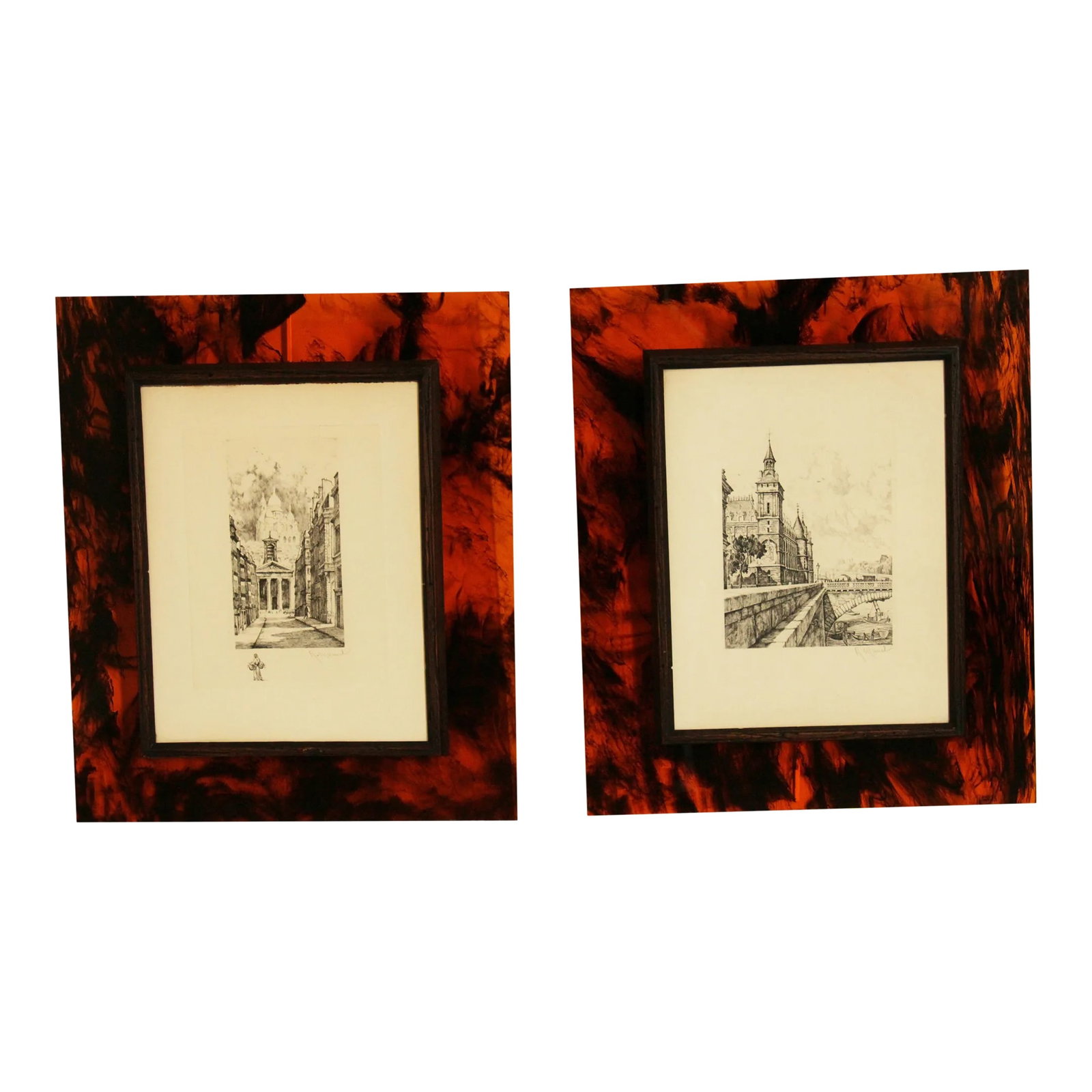 French Paris Street Scene Pair of Etchings: Early 20th C. Etchings 1.) Parisian Street Scene with SacrT-Cour Basilica in Background, 2.). Architectural Rending with Bridge over Seine, Signed 'R. Manuel' Lower Right, Custom Beautiful Tortoise