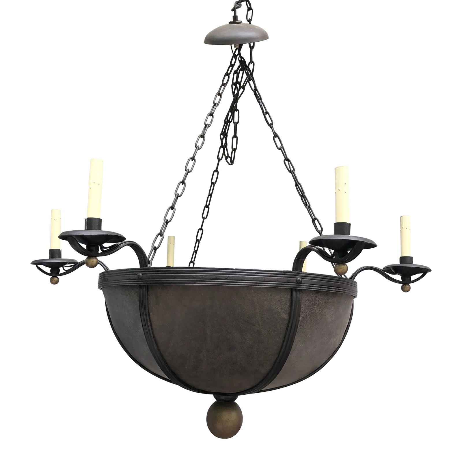 Bowl Shaped Leather & Iron 6 Arm Large Chandelier: Large impressive bowl shaped chandelier made of yummy brown leather and dark brown hand forged iron. There are 6 lights around the periphery and a matte gold finial ball at the bottom. Condition: