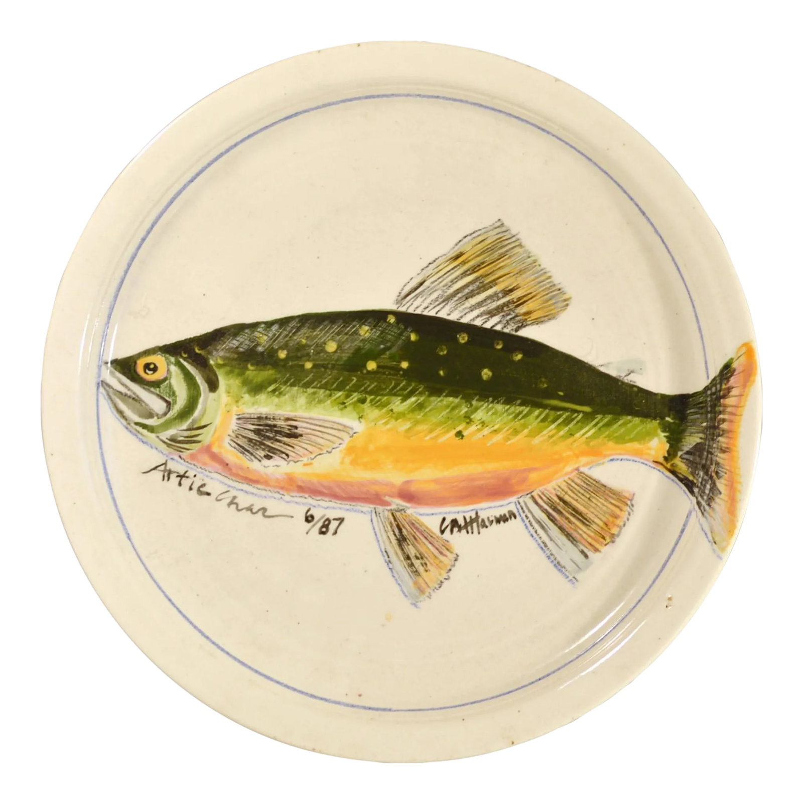 Carole Moses Harman Ceramic Dish Painted With a Fish-An Arctic Char: Carole Moses Harman Ceramic Dish Painted with Fish, Arctic Char, Dated June 1987. A large ceramic pottery dish hand-painted with an Arctic char named and dated 6/87 below and also signed below too..