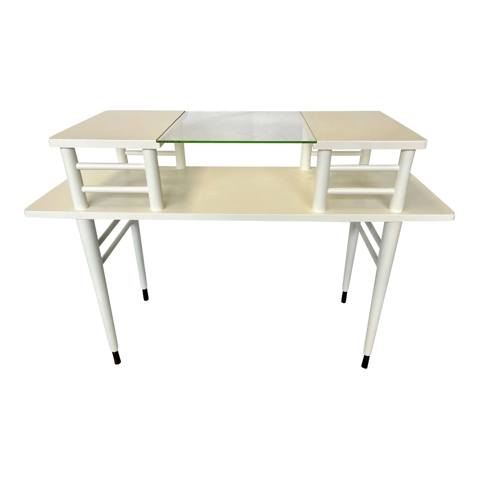 Mid-Century Modern Raised Shelf Occasional Table: Great little mid century modern table. The table has clean lines, an upper and lower surface, and brass capped feet. The glass insert in the middle is removable. It has a newer white paint finish.
