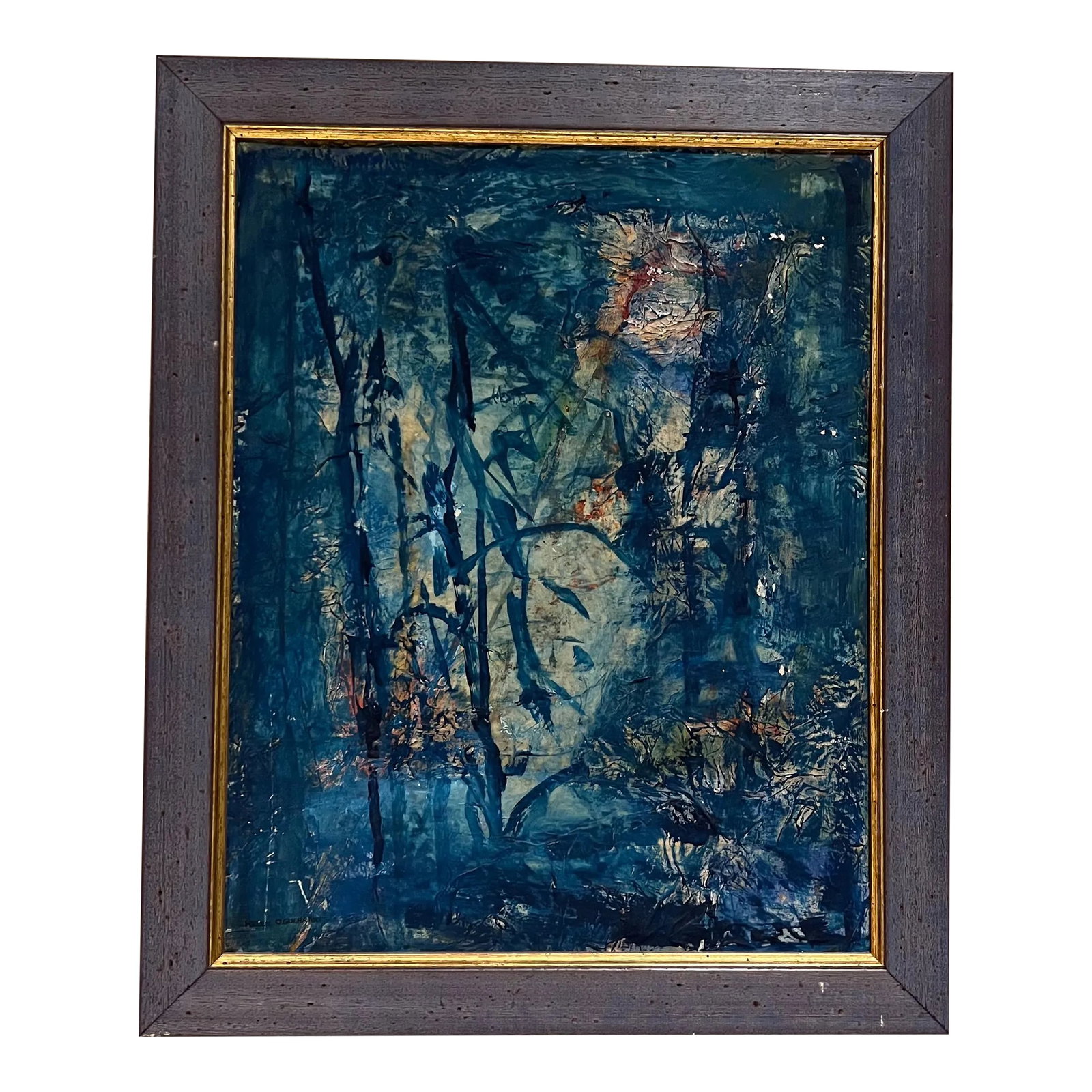 Midcentury Modern Blue Oil on Canvas Abstract Art Signed Helen Oguerran: AMBIANIC presents Helen Oguerran Painting Oil on Canvas Modern Abstract Art Signed Frame 23.5 Tall x 19.5 w x 1 d Art 19.5 h x 15.5 w Preowned original vintage condition unrestored. Refer to images