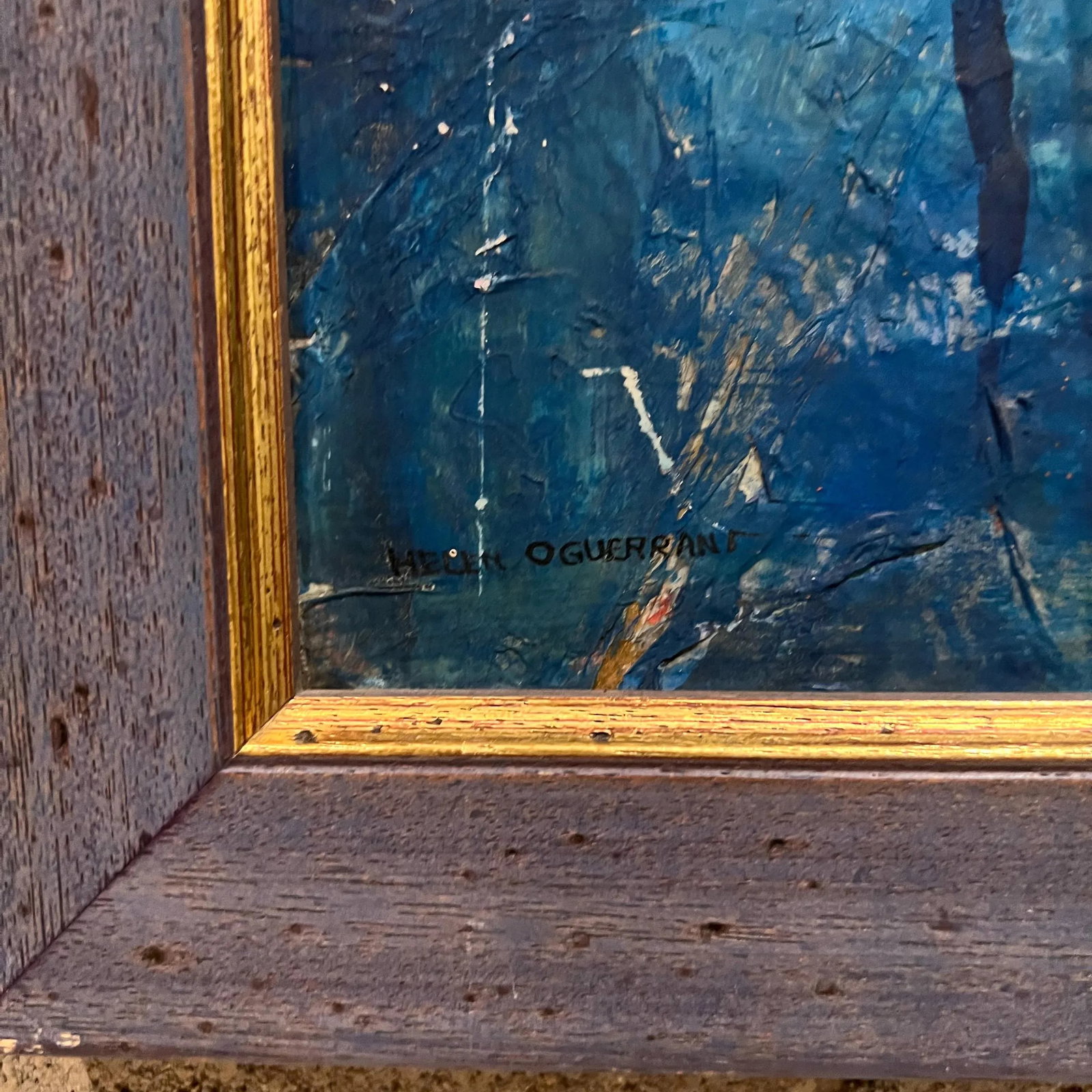 Midcentury Modern Blue Oil on Canvas Abstract Art Signed Helen Oguerran - 4