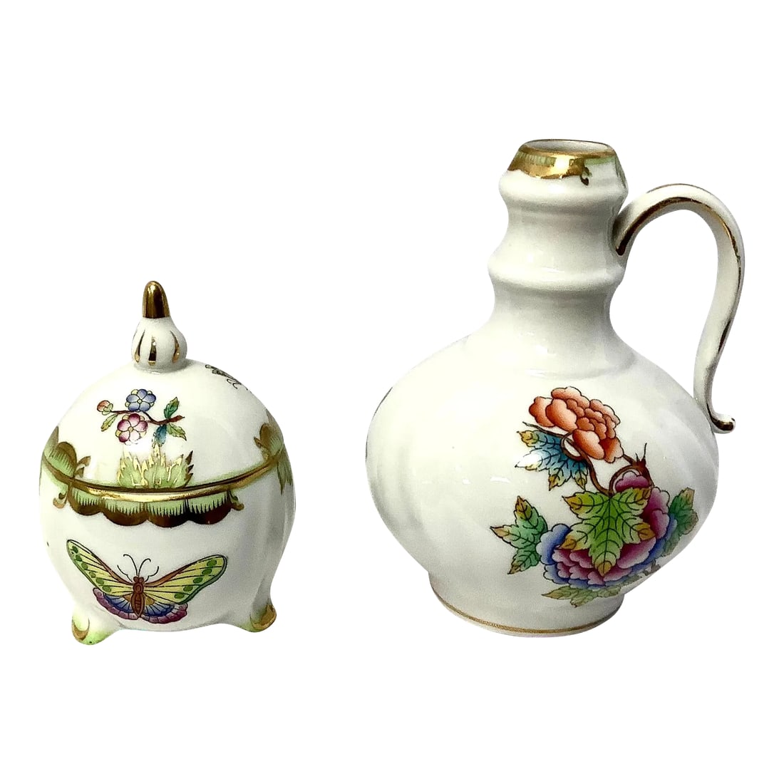 Set of Vintage Queen Victoria Porcelain, Trinket Dish and Small Vase: Two piece set of vintage Queen Victoria porcelain china. One is a small trinket dish with lid, one is small vase. Both white in color with pink, blues, and green and gold trim. Marked on bottom.