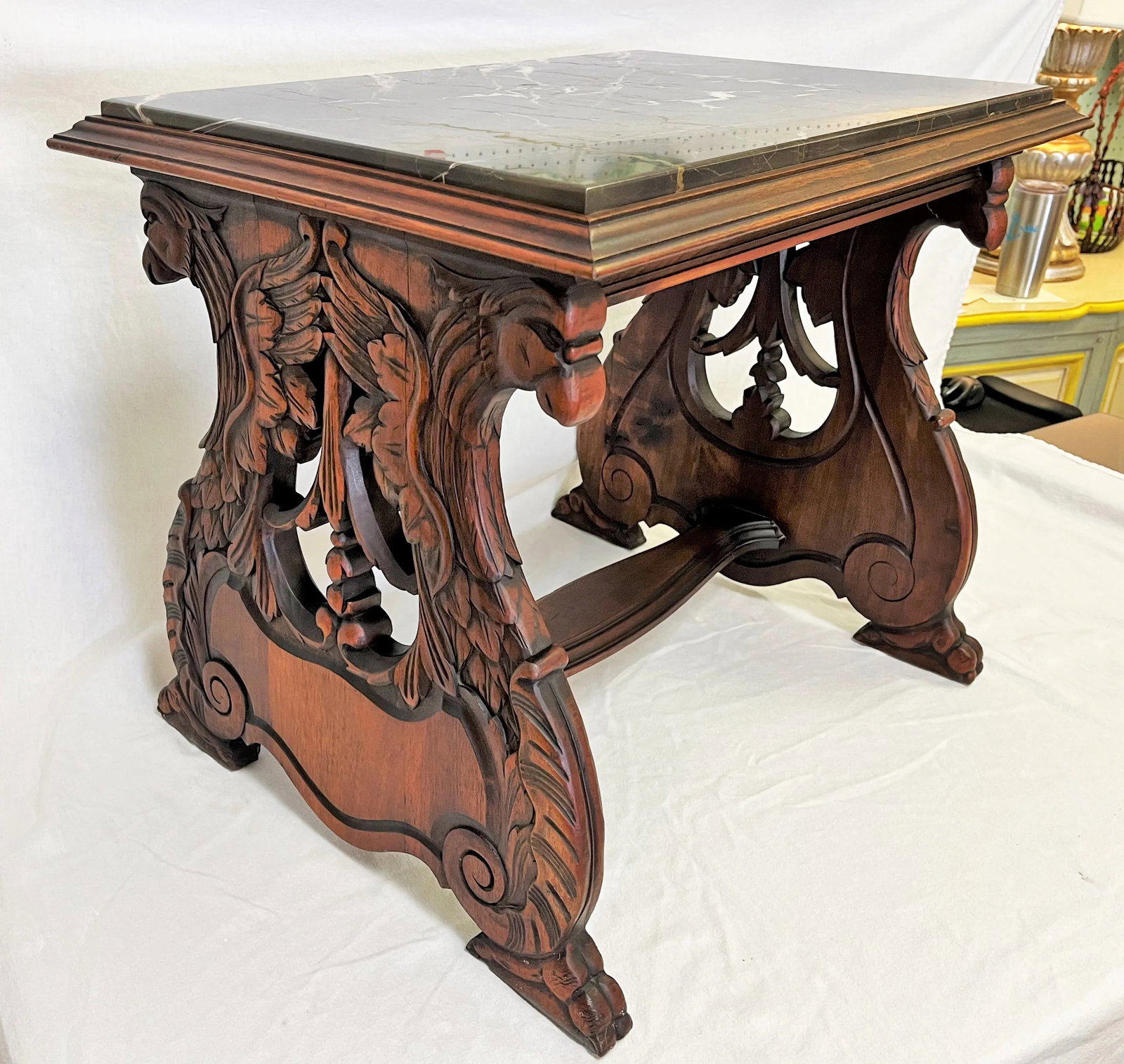 1940's Carved Lyre Leg With Eagle Details Side Table With Emperador Marble Top - 12
