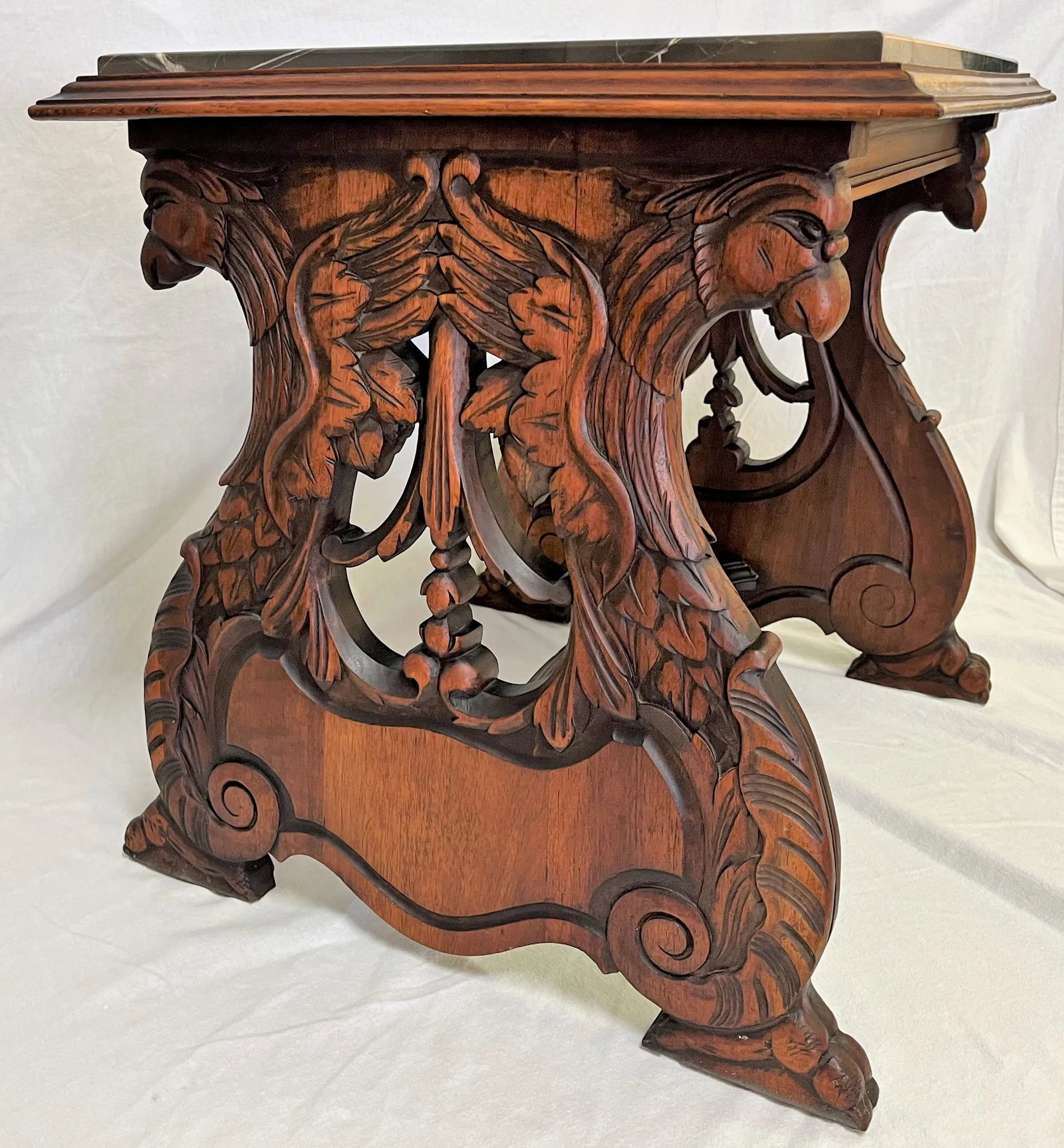 1940's Carved Lyre Leg With Eagle Details Side Table With Emperador Marble Top - 2
