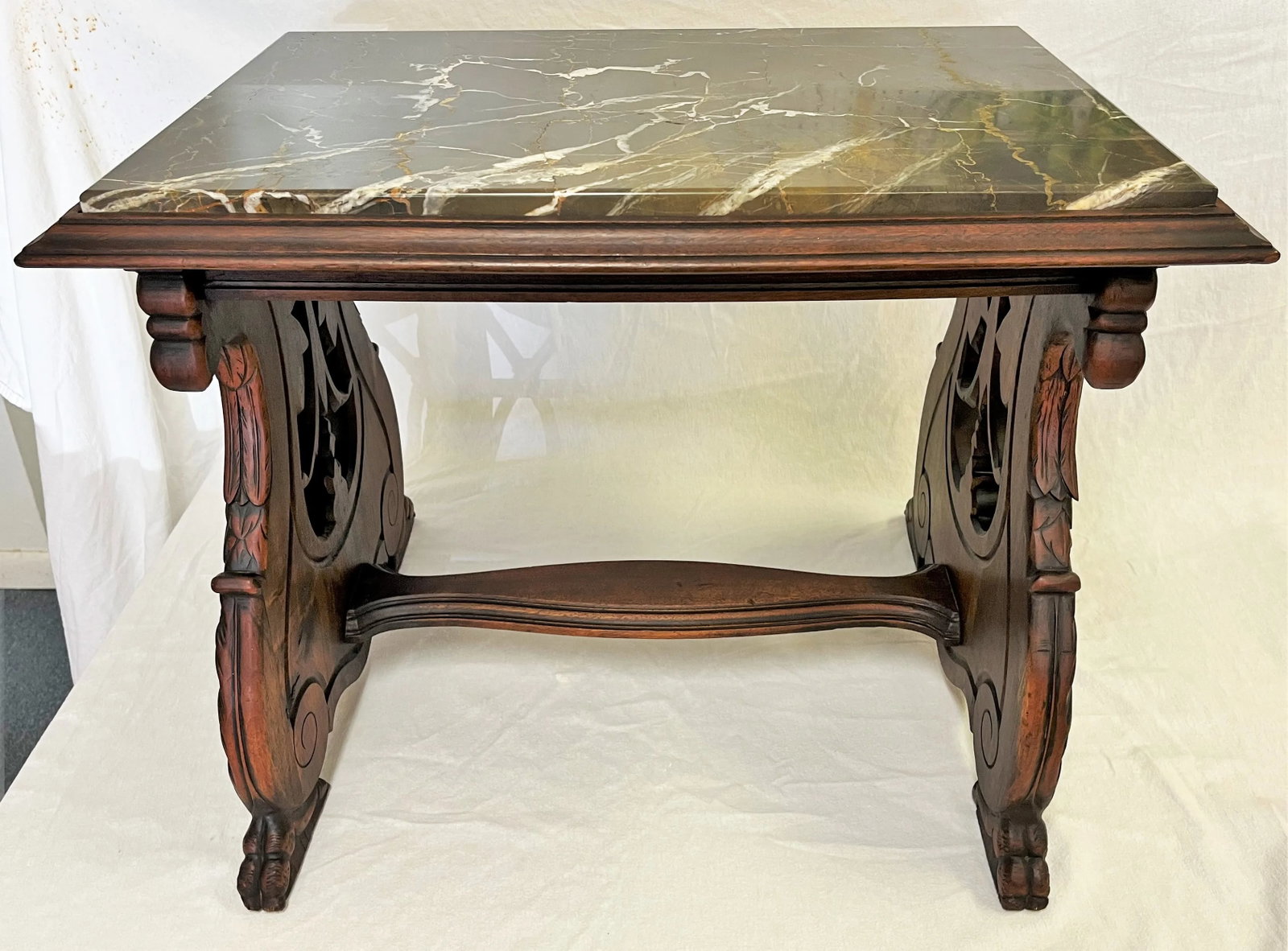 1940's Carved Lyre Leg With Eagle Details Side Table With Emperador Marble Top - 3
