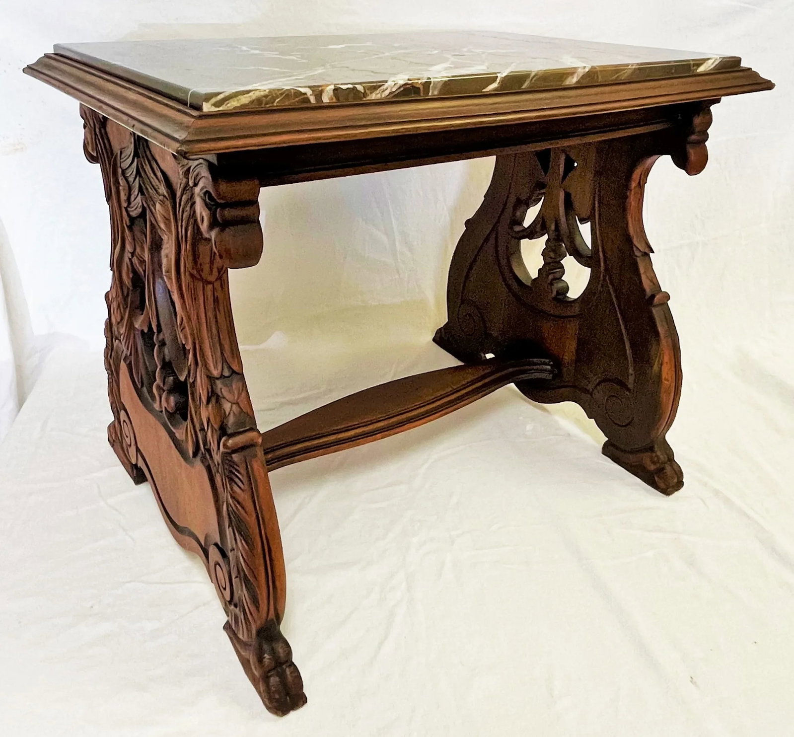 1940's Carved Lyre Leg With Eagle Details Side Table With Emperador Marble Top - 4