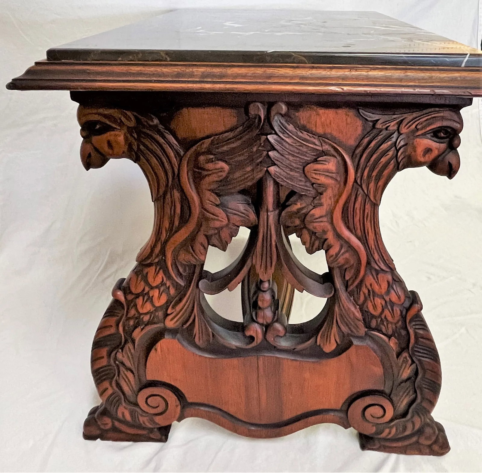 1940's Carved Lyre Leg With Eagle Details Side Table With Emperador Marble Top - 5