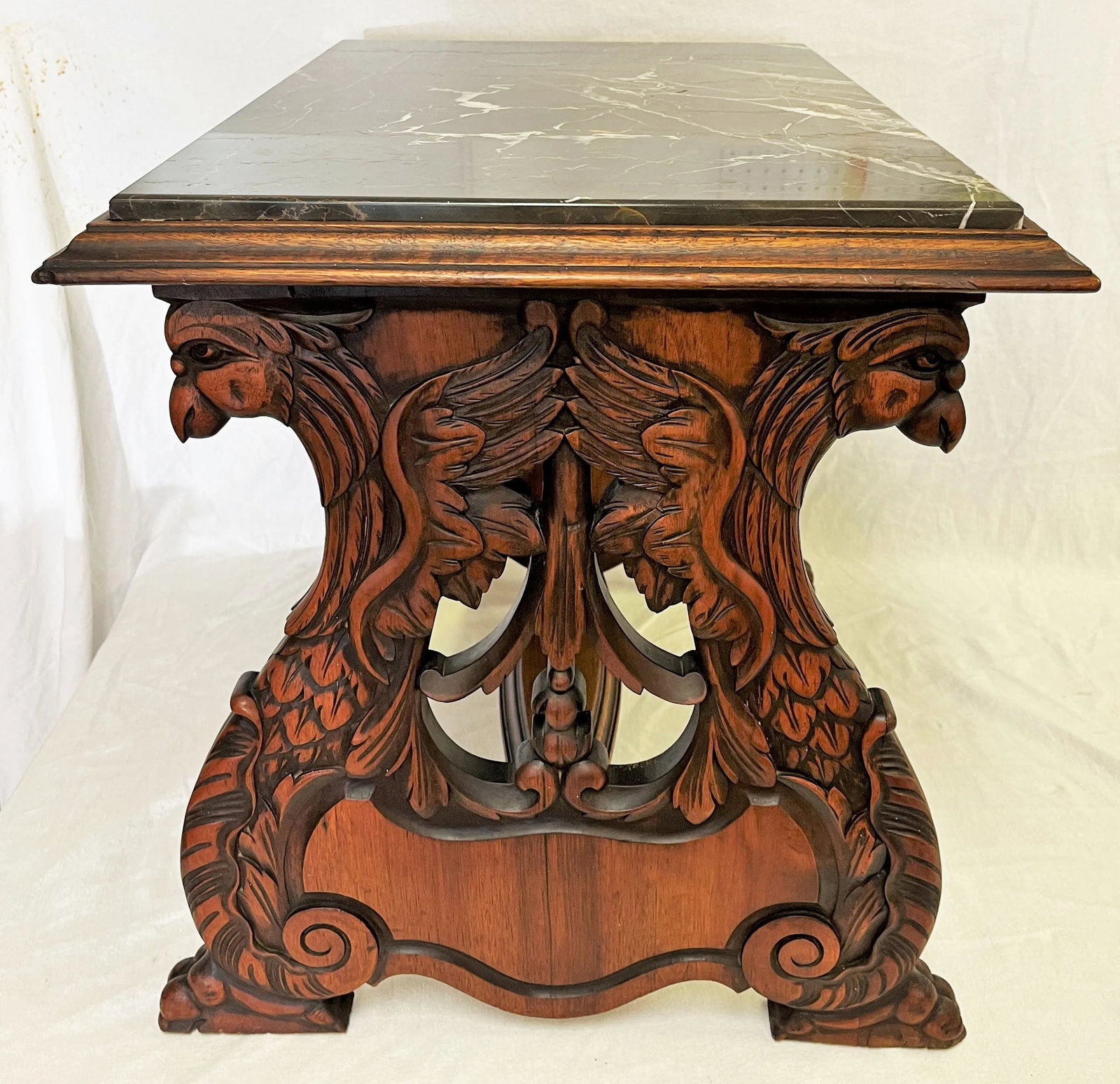1940's Carved Lyre Leg With Eagle Details Side Table With Emperador Marble Top - 8
