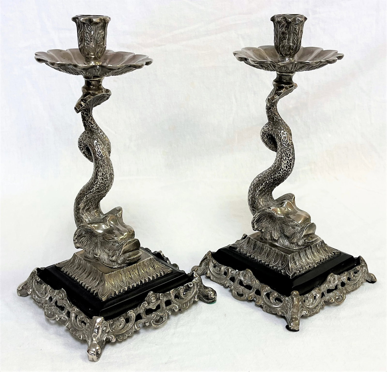 Vintage Silverplate Dolphin Candlesticks- a Pair - 13