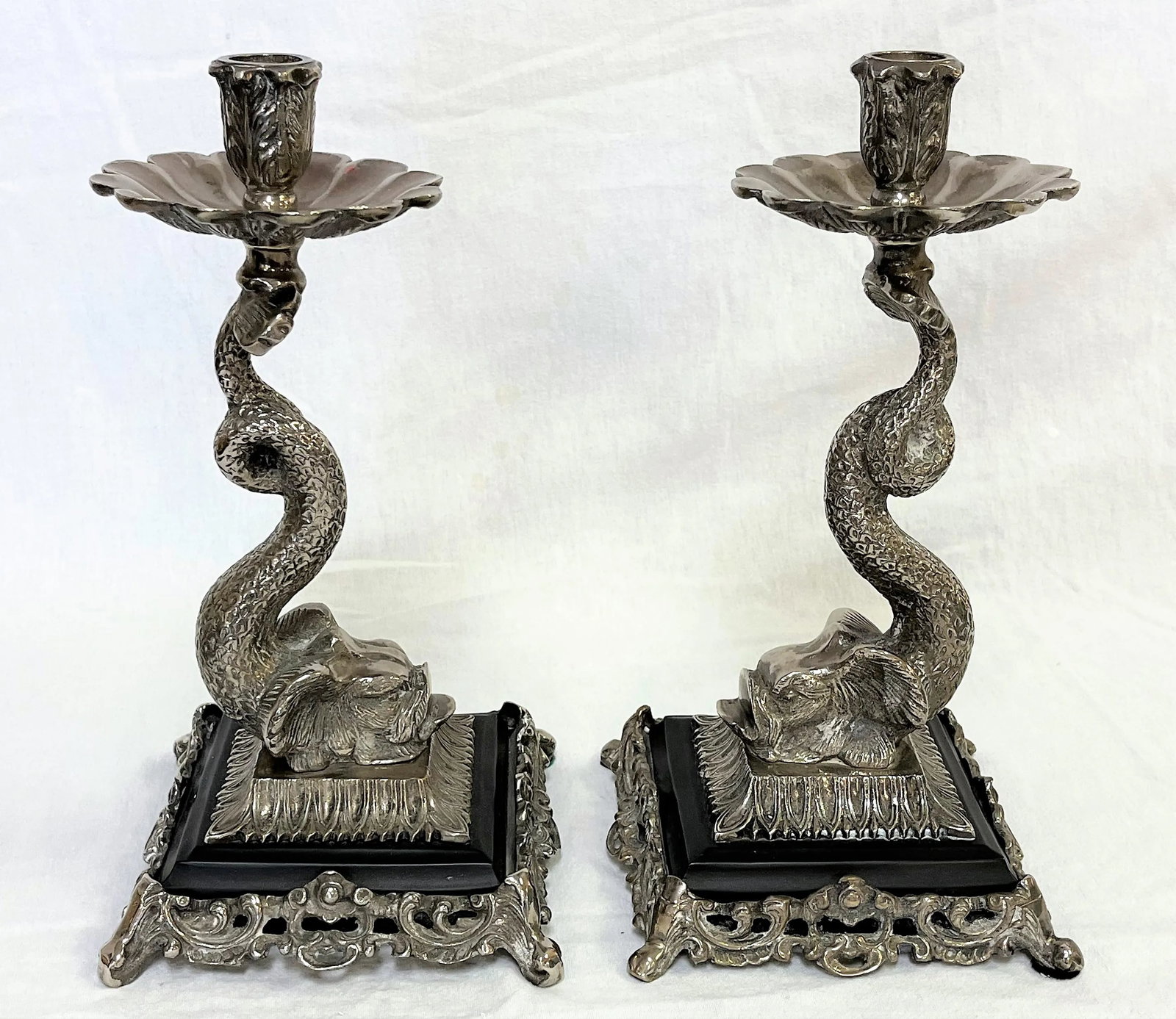 Vintage Silverplate Dolphin Candlesticks- a Pair - 3
