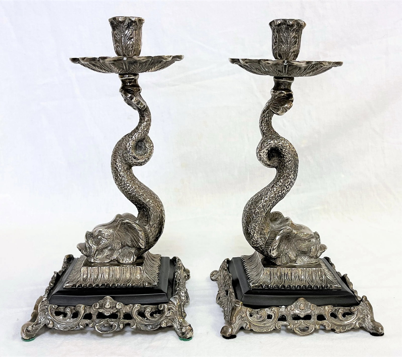 Vintage Silverplate Dolphin Candlesticks- a Pair - 7