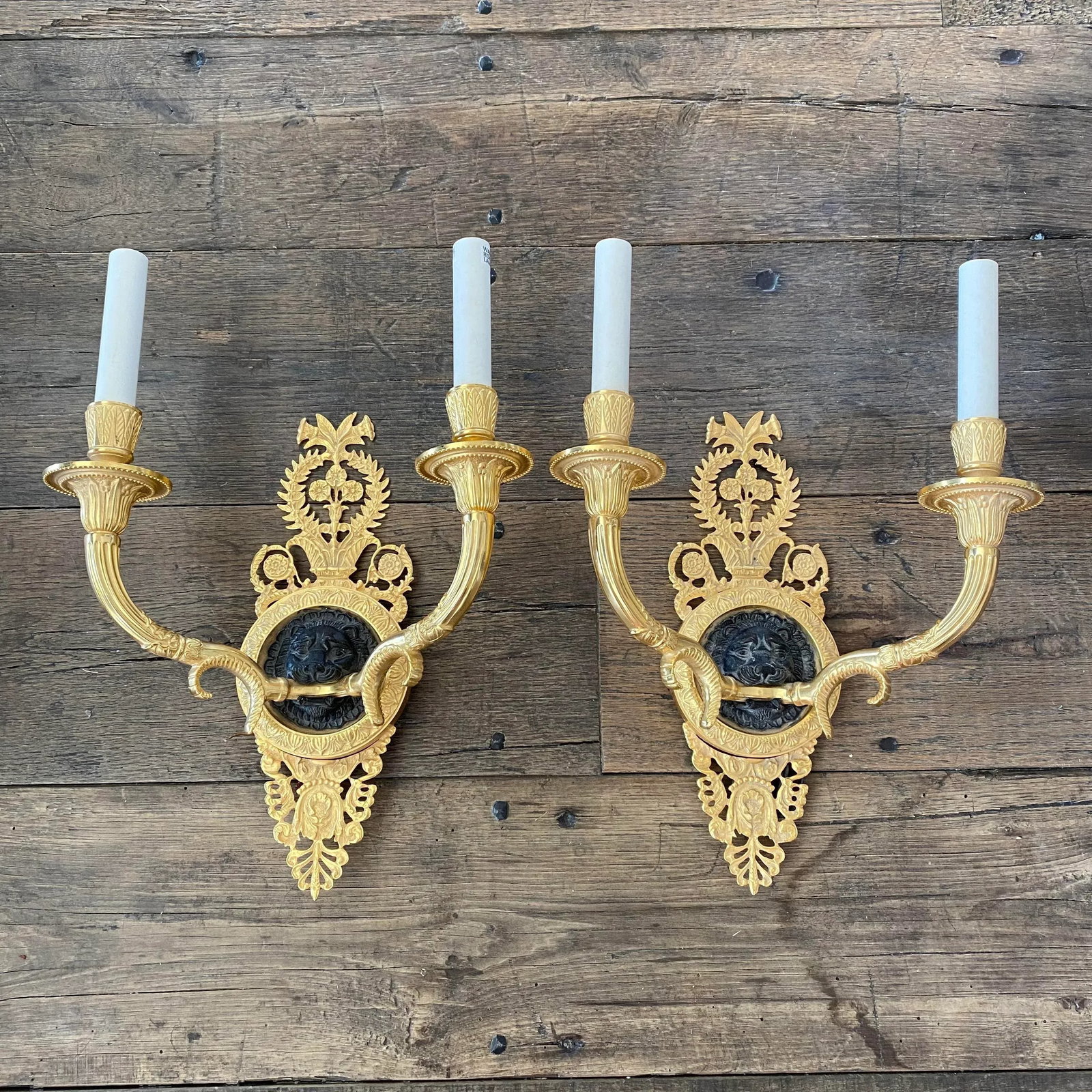 4 Arm French Empire Style Brass Wall Sconces With Lions Heads -A Pair - 10