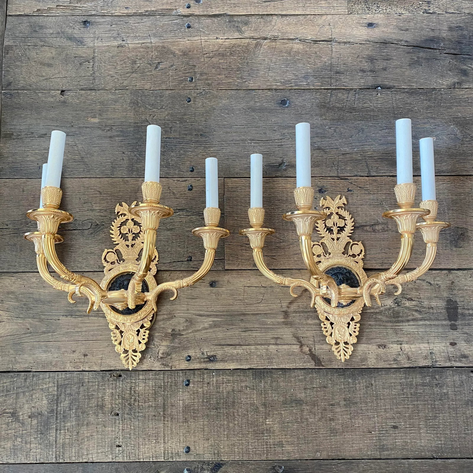 4 Arm French Empire Style Brass Wall Sconces With Lions Heads -A Pair - 12