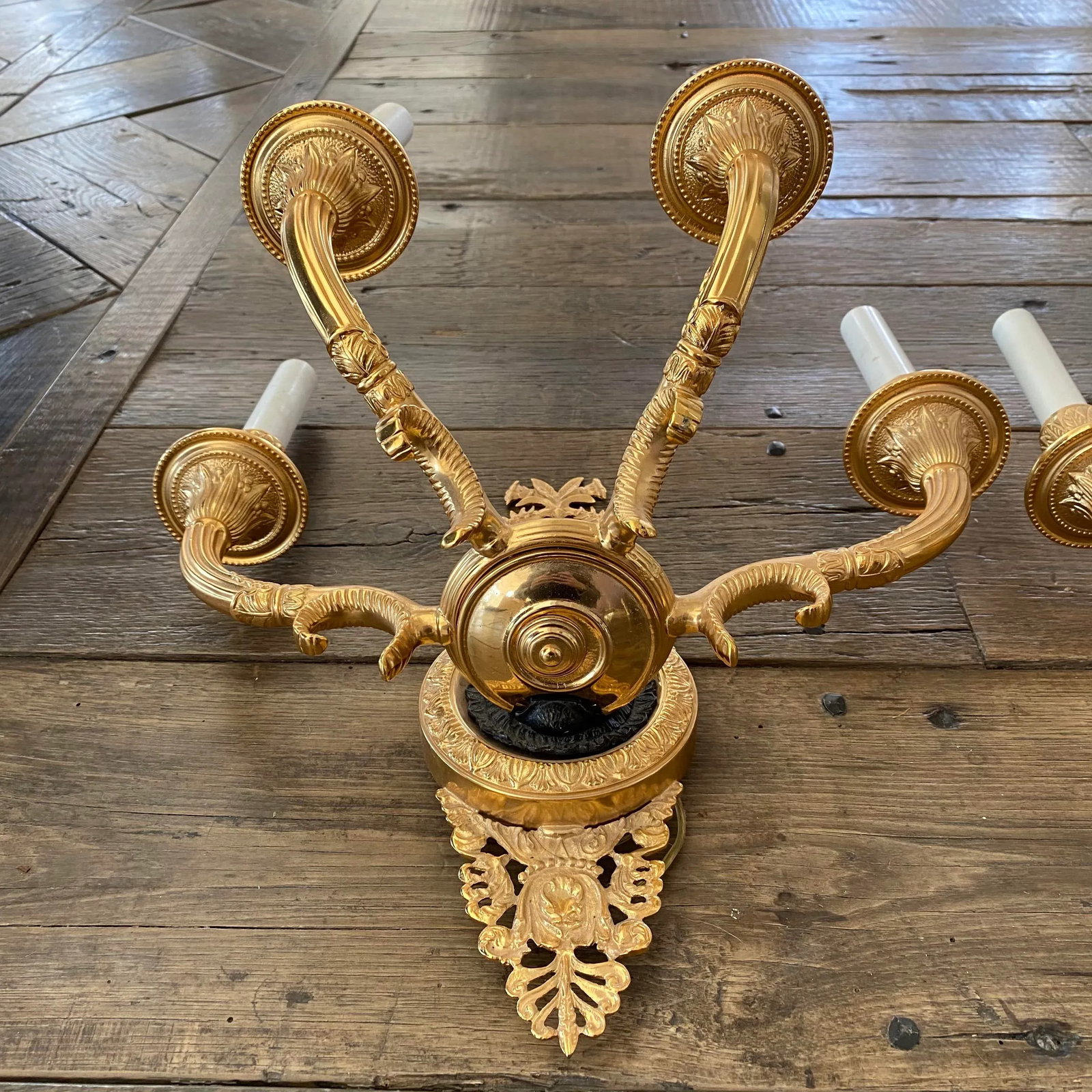 4 Arm French Empire Style Brass Wall Sconces With Lions Heads -A Pair - 4