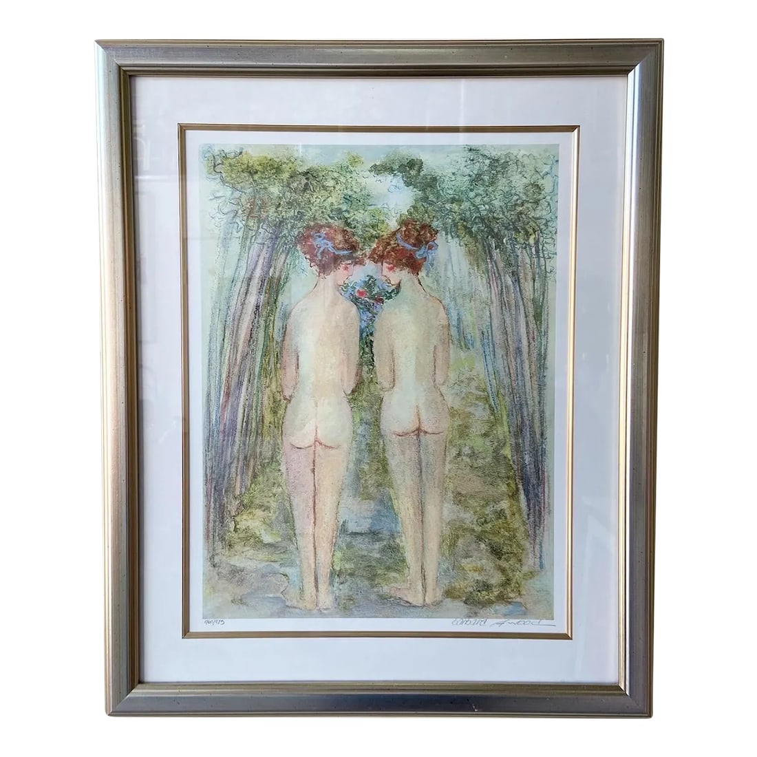 Two Nude Women Signed Print by Barbara Wood: Exceptional framed/signed print by Barbara A Wood. Subject is two nude women walking side by side in the forest. Condition: Alterations: Original Condition Unaltered Imperfections: Some Imperfections