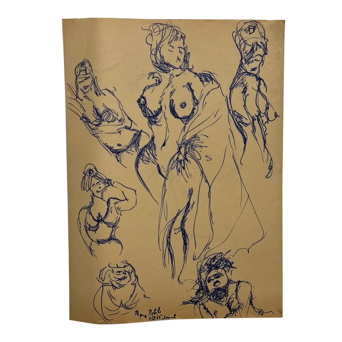1960s Myrna Nobile Nude Art Paper Drawing Signed 3/5/65: AMBIANIC presents Myrna Nobile signed art San Diego Ca artist Female Nude drawing on paper 3/5/65 17.5 x 24 Preowned unrestored vintage condition Refer to images provided Condition: Alterations: