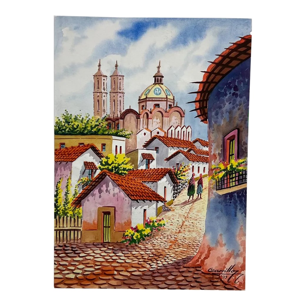1997 Vintage Art Original Watercolor Cobblestone Village #1 by Carrillo: AMBIANIC presents 1997 Vintage Original Watercolor Cobblestone Village #1 by Carrillo Signed Carrillo 97 12.75 x 17.25 Preowned unrestored vintage condition. See images provided. Condition: