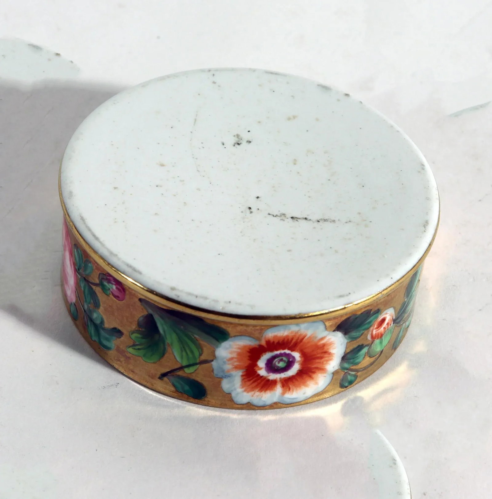 English Porcelain Gold-Ground Botanical Patch Box With Irish References, "Forget Not Erin" Motto - 10