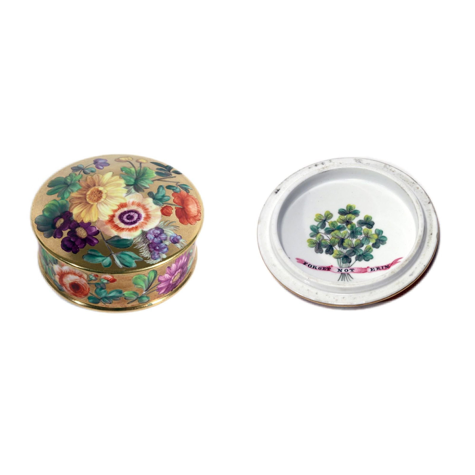 English Porcelain Gold-Ground Botanical Patch Box With Irish References, "Forget Not Erin" Motto - 2