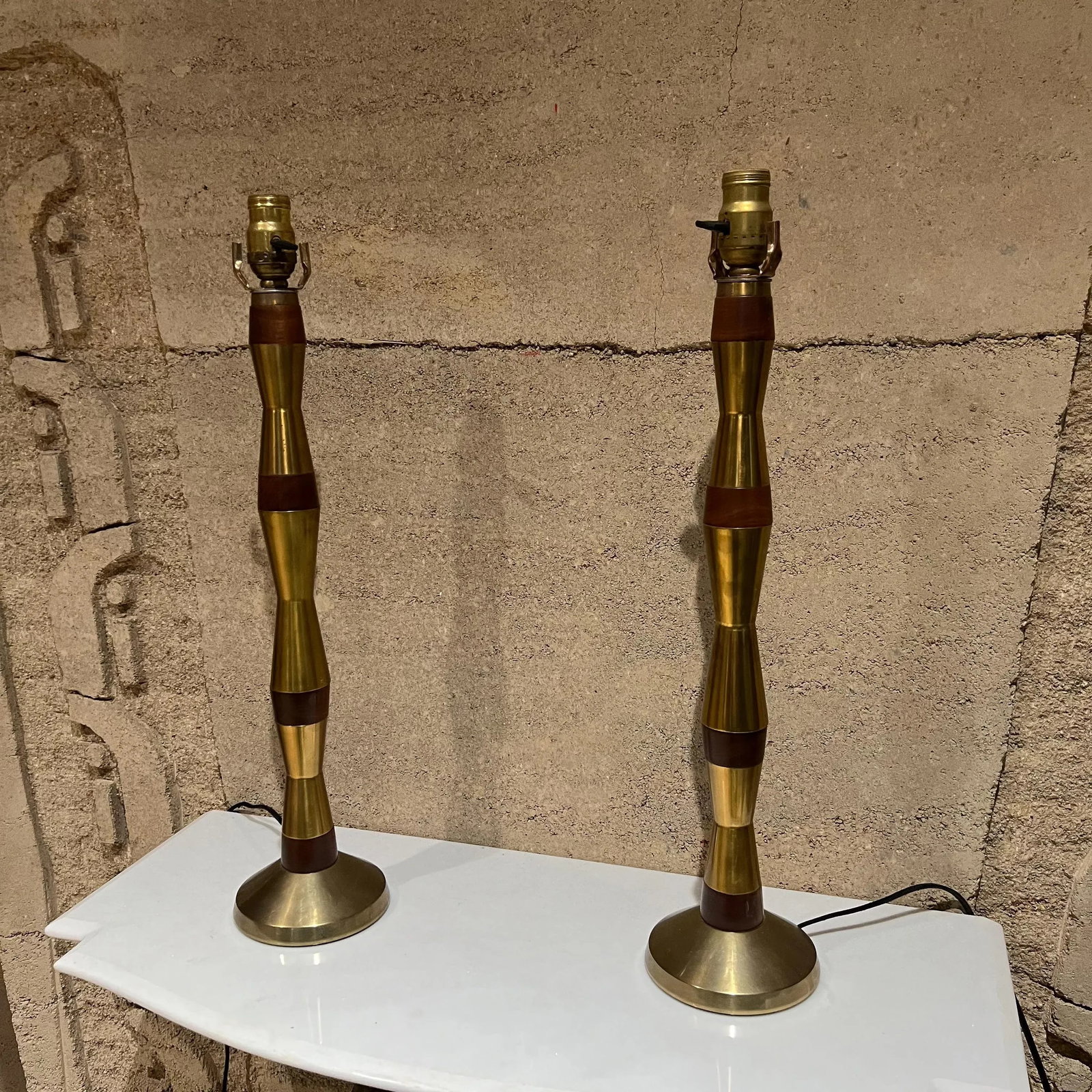 1960s Tall Table Lamps Solid Mahogany and Brass - 5