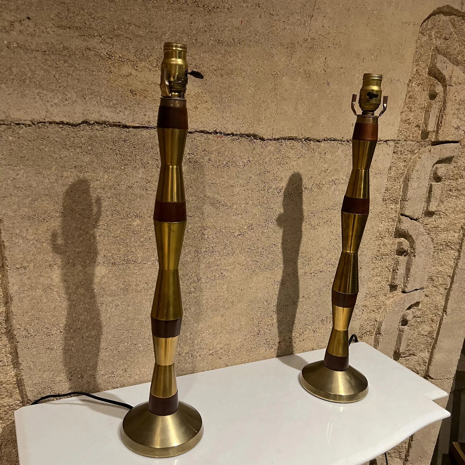 1960s Tall Table Lamps Solid Mahogany and Brass - 6