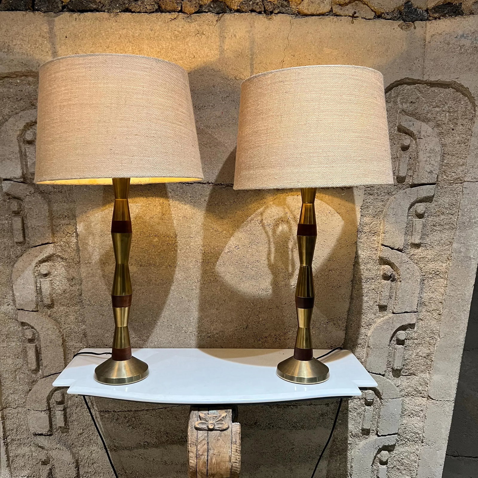 1960s Tall Table Lamps Solid Mahogany and Brass - 7