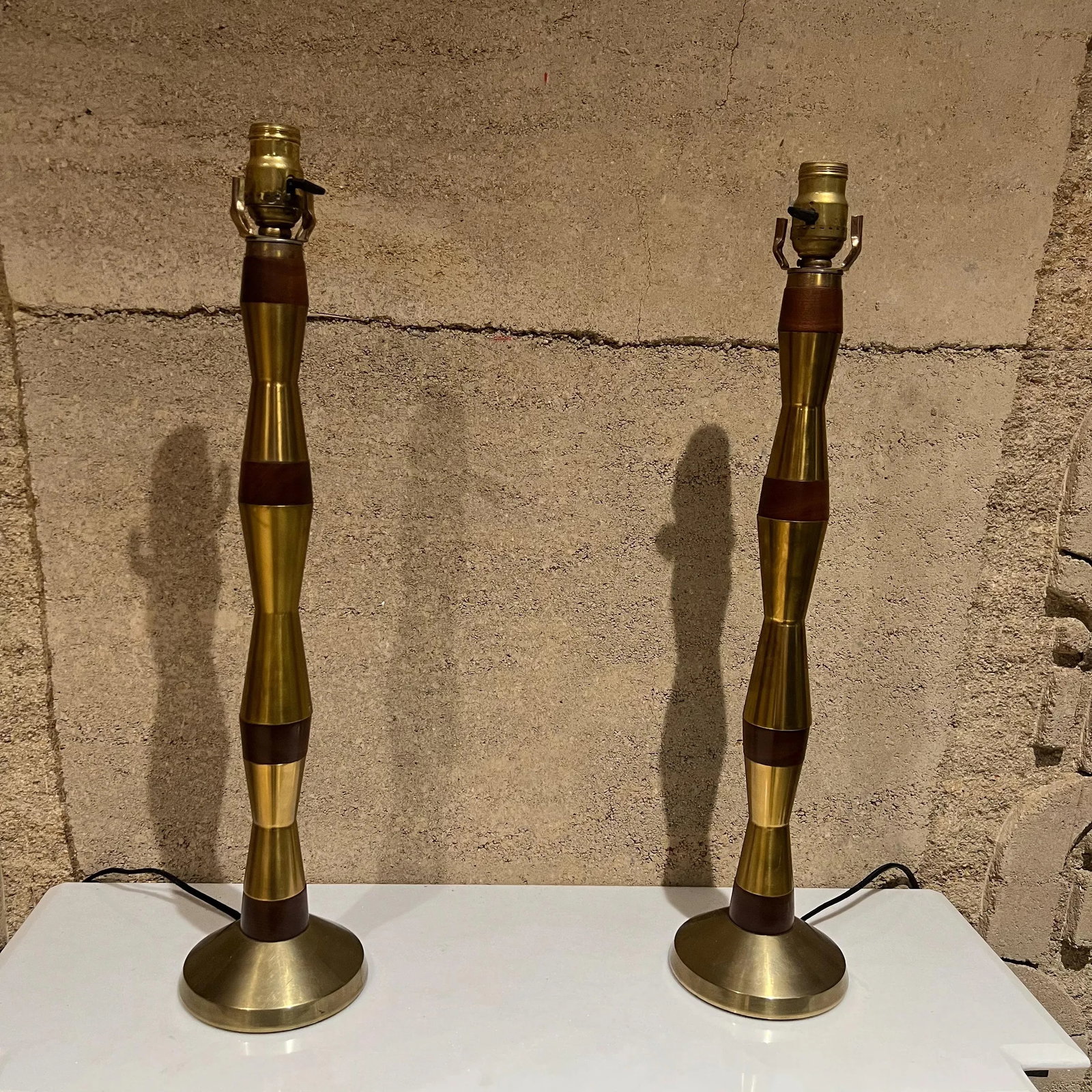 1960s Tall Table Lamps Solid Mahogany and Brass - 9