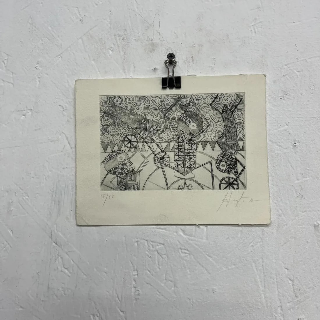 Original Abstract Drawing Woodblock Print 25/50 Oaxaca Mexico - 8