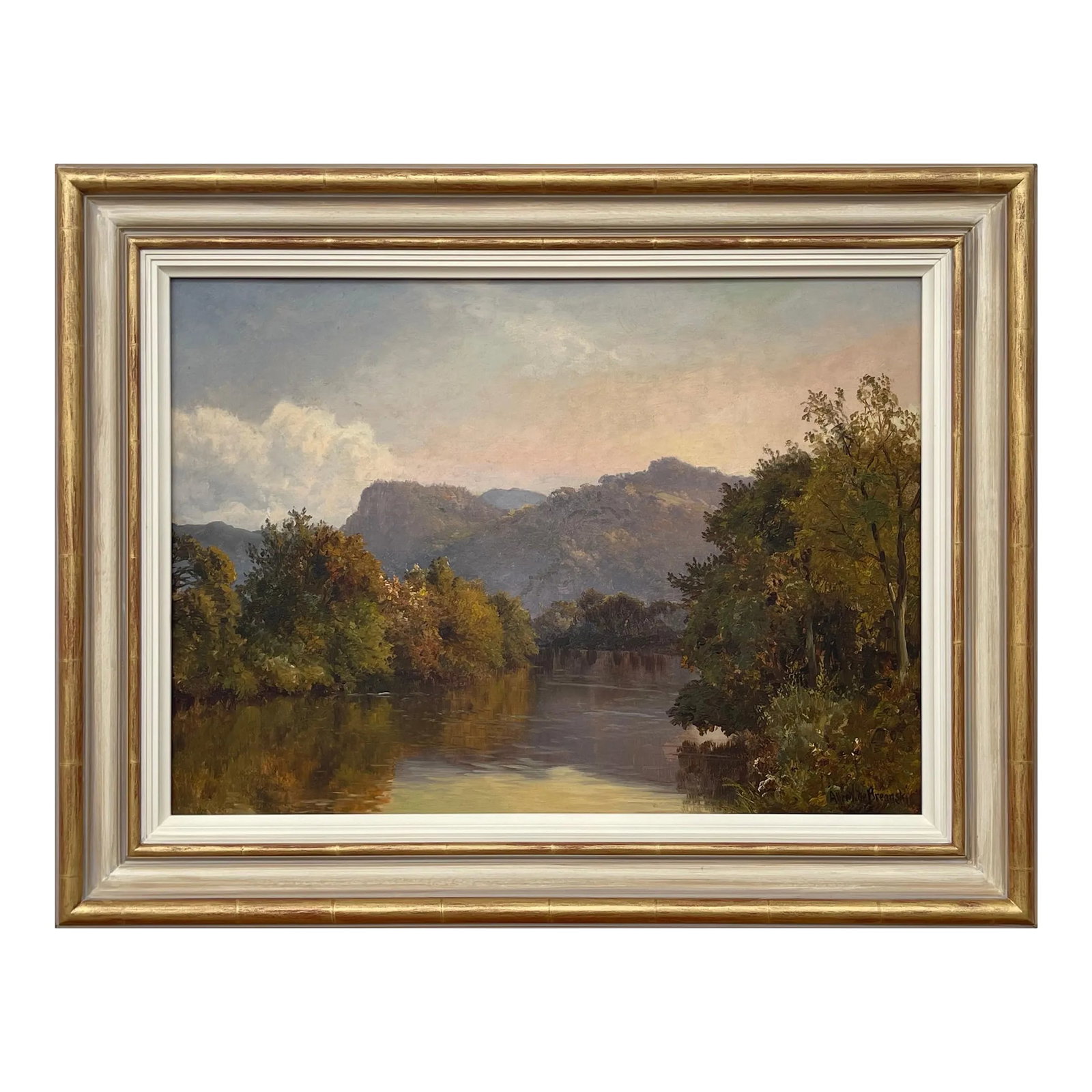 Oil Painting of a Tree-Lined River Landscape in the Scottish Highlands by 19th Century British Artis: River Landscape Painting of the Scottish Highlands by 19th Century British Artist, Alfred De Breanski Snr, (1852 - 1928). Signed on the front (lower right). Framed in a brand new hand-finished