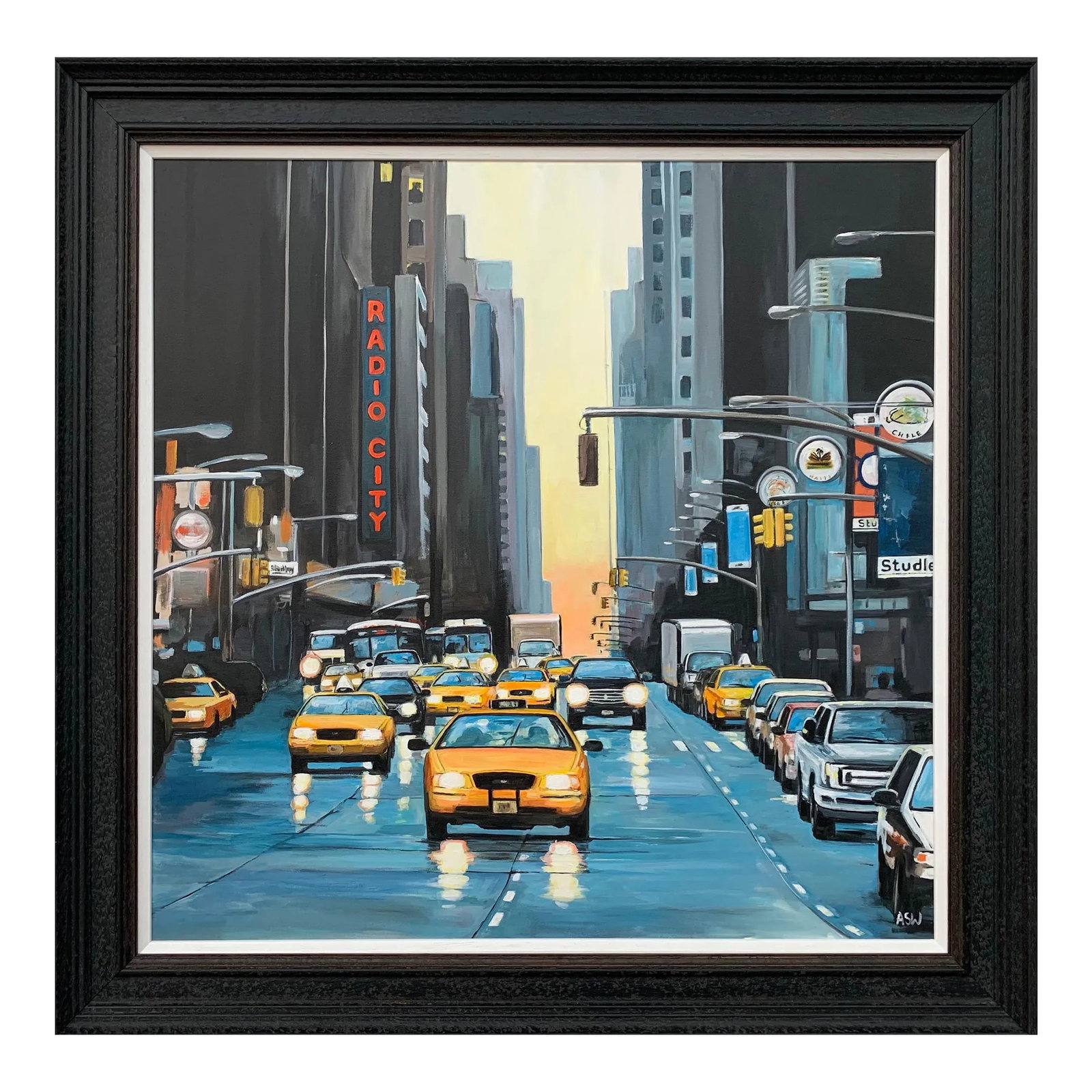 Radio City New York Nyc Sunset - Unique Original Art by Contemporary British Urban Landscape Artist,: Radio City New York NYC Sunset by Contemporary British Urban Landscape Artist Angela Wakefield Art measures 31.5 x 31.5 inches Frame measures 36.5 x 36.5 inches Angela Wakefield has twice been on the 