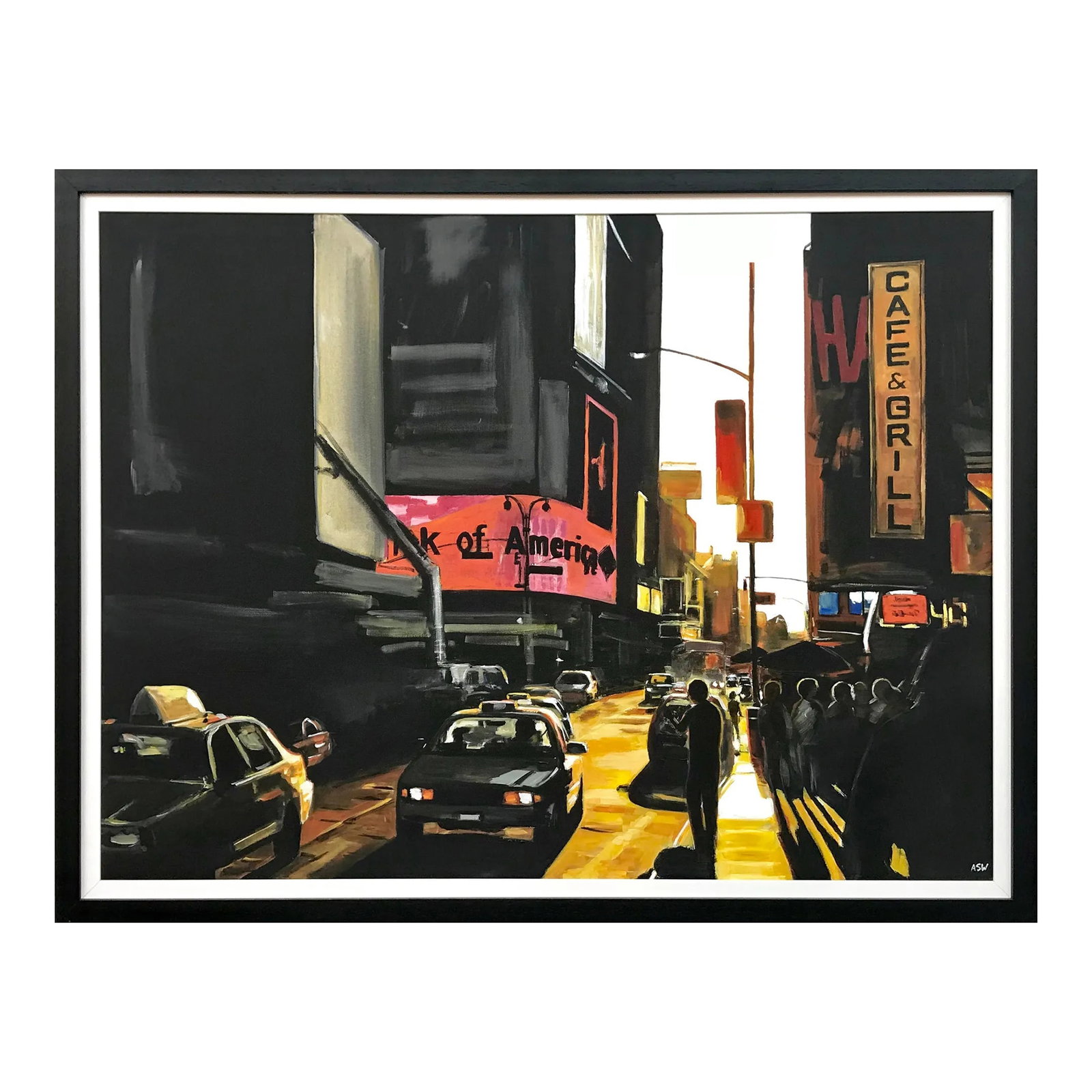 Large Original Painting of Broadway New York City - Unique Original Art by British Landscape Artist,: Large Atmospheric Black & Yellow Painting of Broadway New York City by British Urban Landscape Artist, Angela Wakefield. This unique original is part of her New York Series and has been featured in