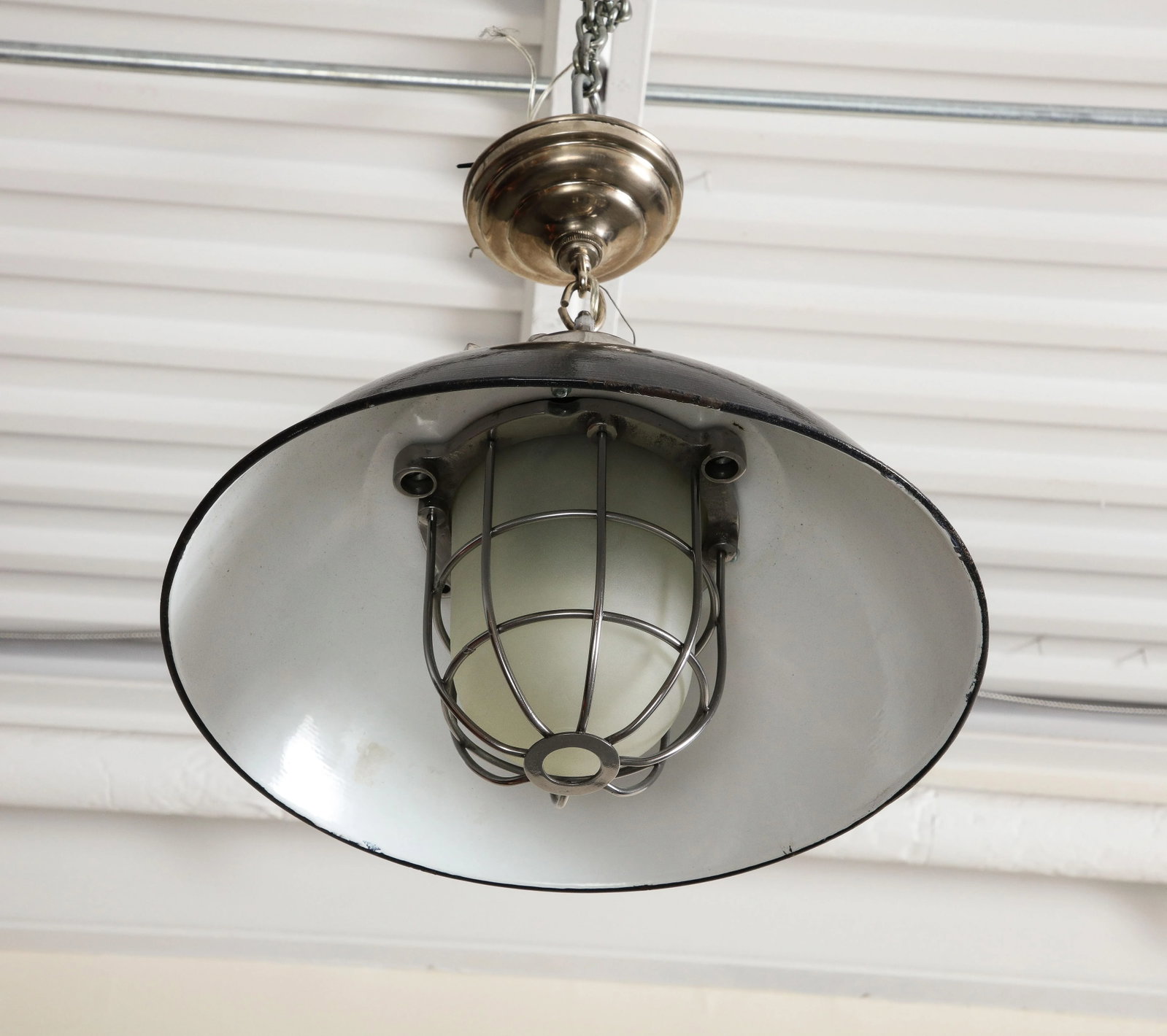 Pair of Midcentury Industrial Style Cage Pendant Lights With Black Enamel Shade - 10