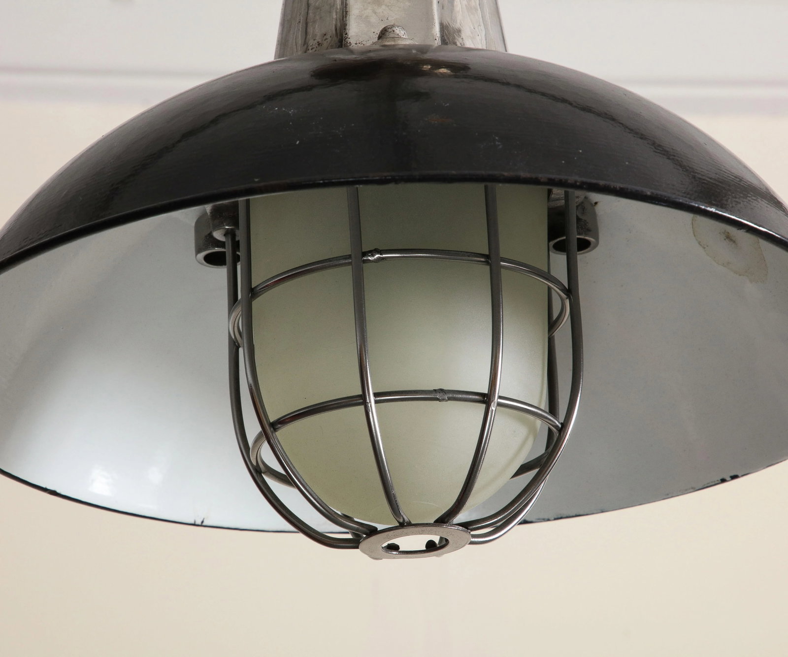 Pair of Midcentury Industrial Style Cage Pendant Lights With Black Enamel Shade - 11