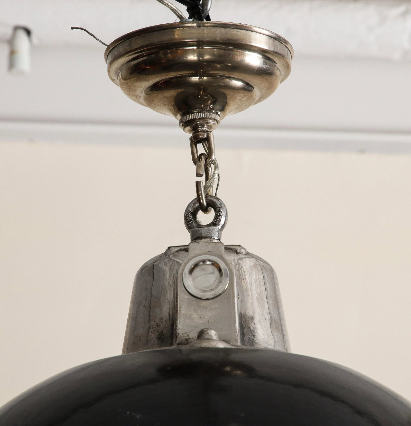 Pair of Midcentury Industrial Style Cage Pendant Lights With Black Enamel Shade - 12