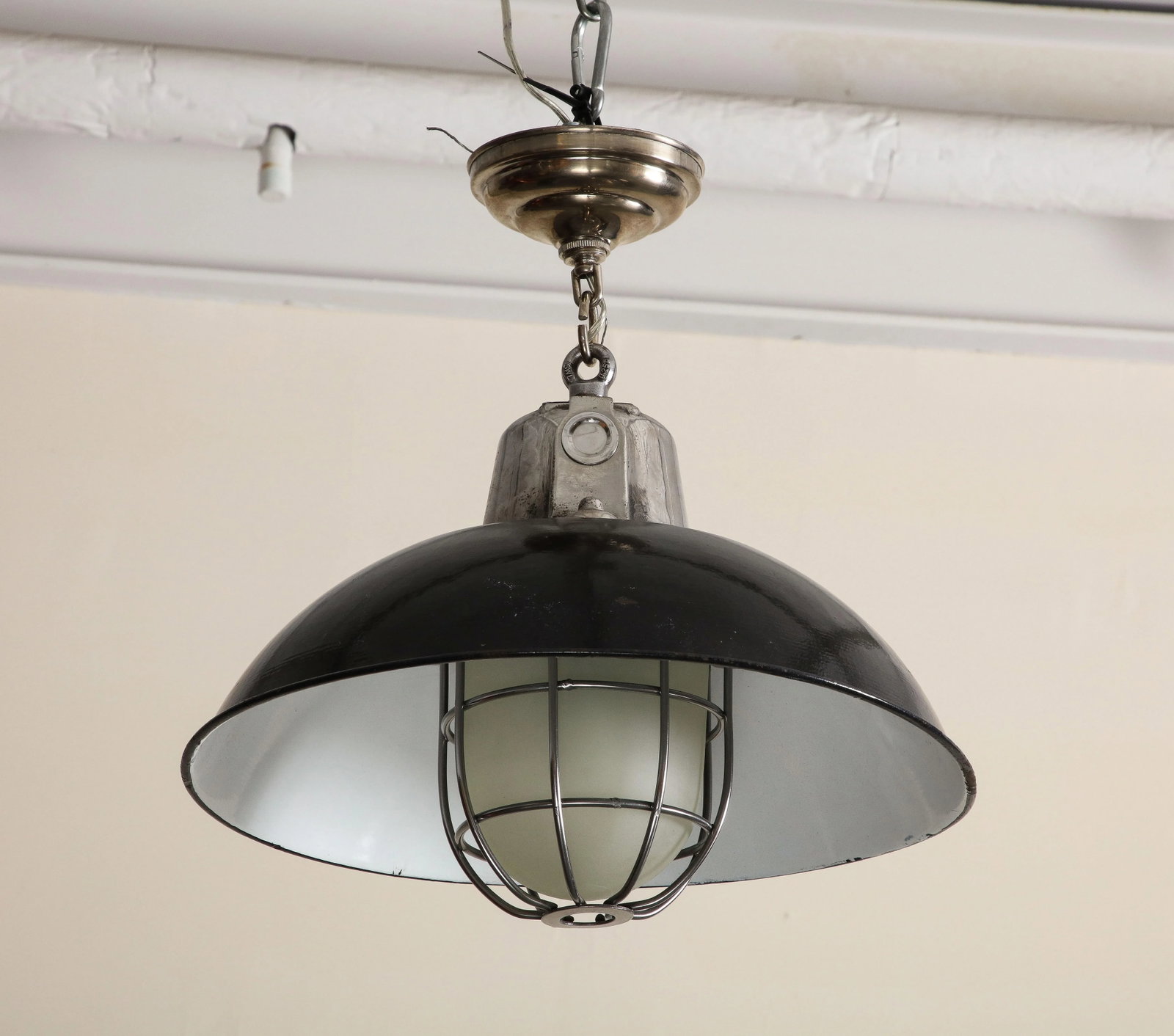 Pair of Midcentury Industrial Style Cage Pendant Lights With Black Enamel Shade - 13
