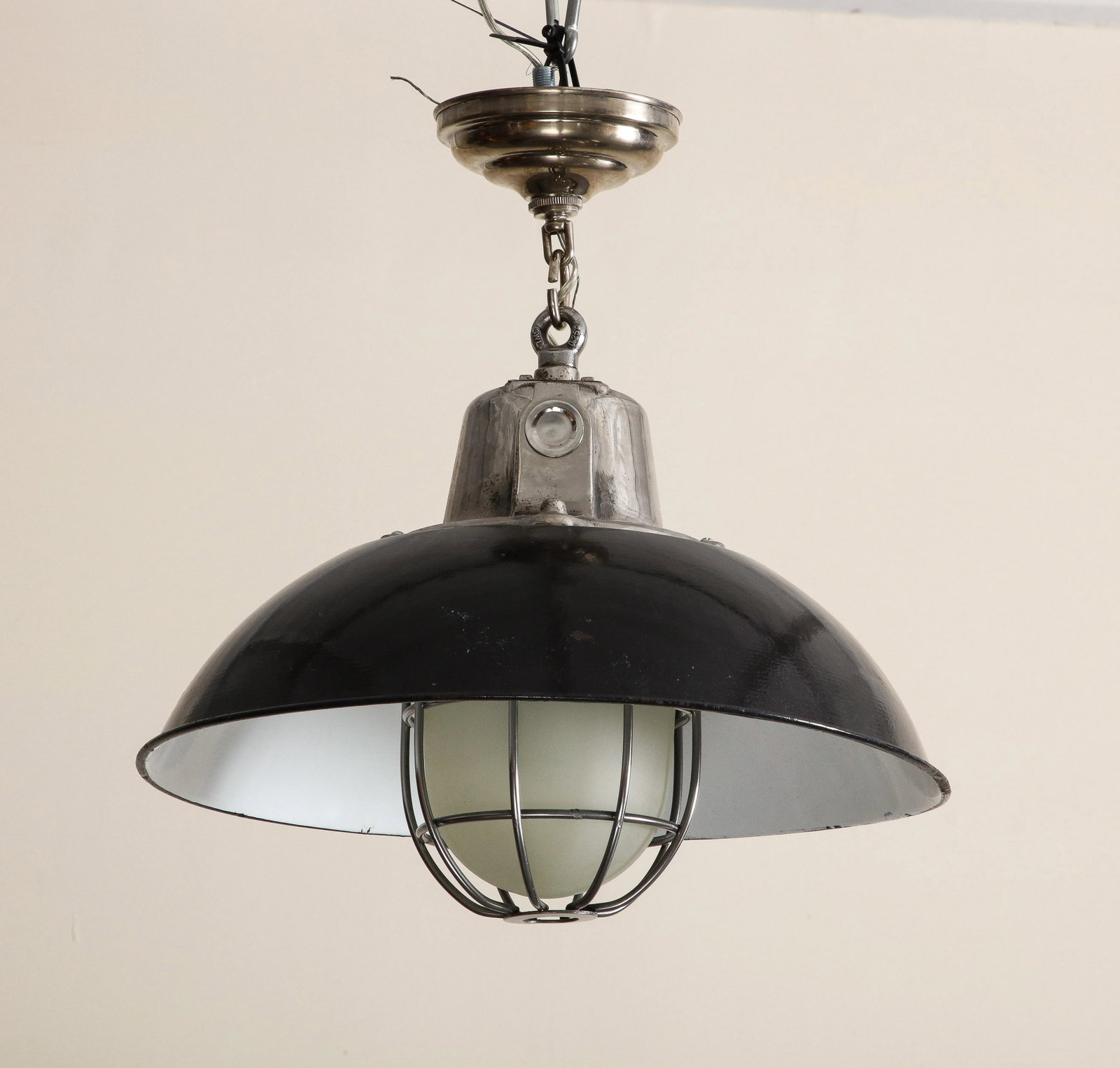 Pair of Midcentury Industrial Style Cage Pendant Lights With Black Enamel Shade - 2